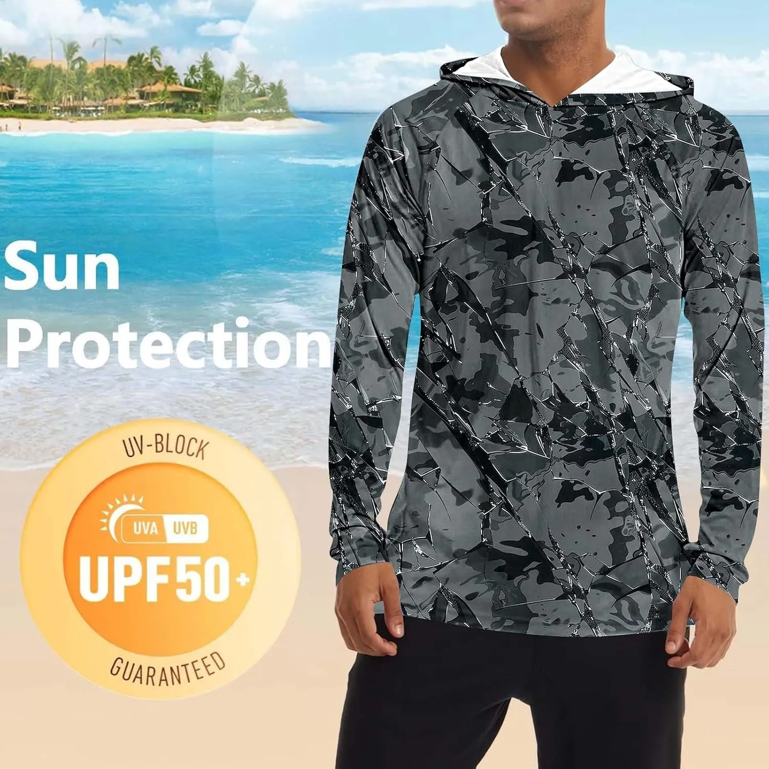 Men's Sun Protection Hoodie Shirt UPF 50  Long Sleeve Rash Guard Outdoor Fishing Lightweight Camo Quick Dry UV Shirts