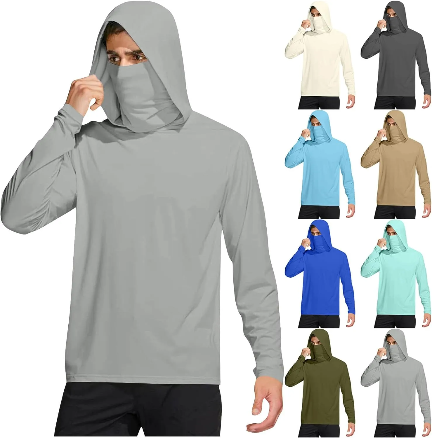 Men's Sun Protection Hoodie Shirt UPF 50  Long Sleeve UV SPF T-Shirts with Face Cover Rash Guard Fishing Lightweight