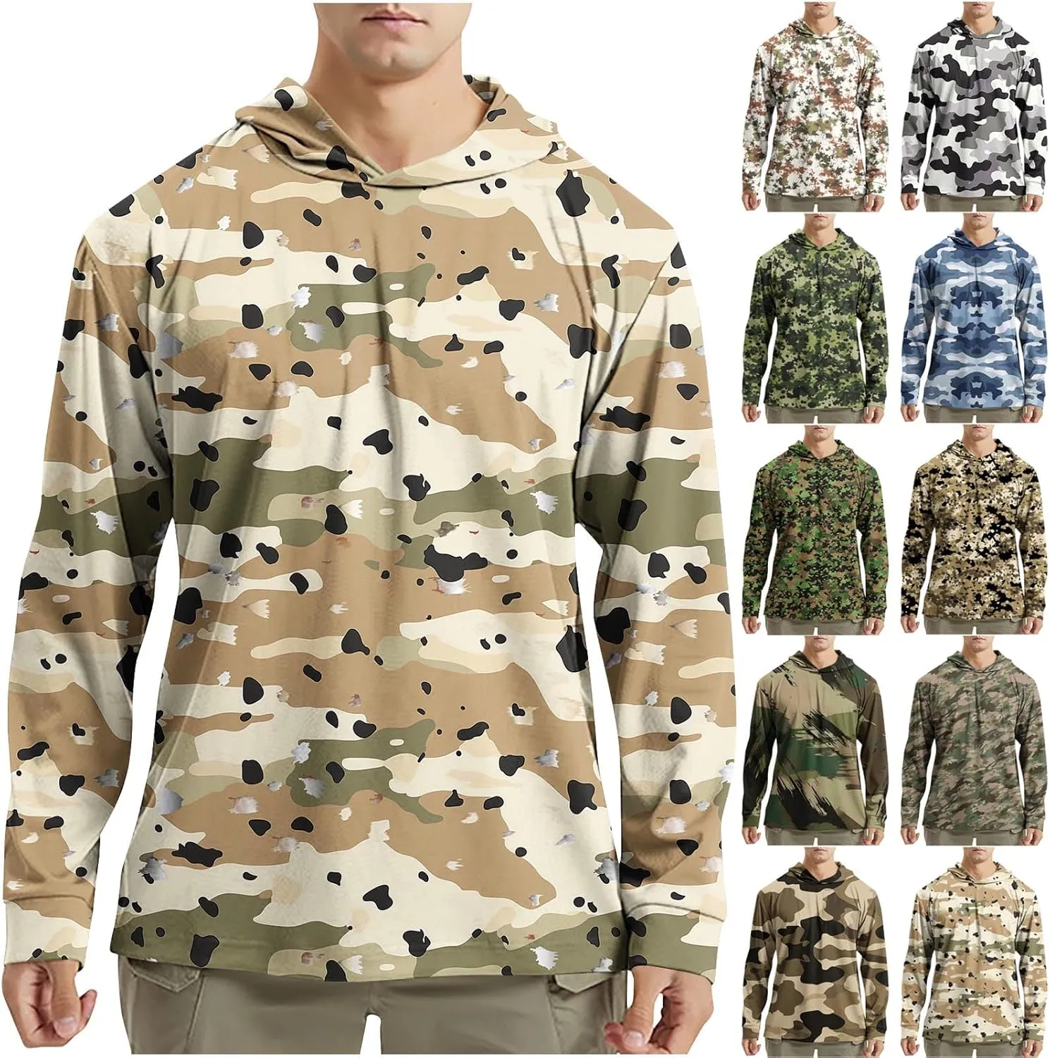 Men's UPF 50  Sun Protection Rash Guard Long Sleeve Camo Fishing Cooling Hoodie Outdoor Fishing Swimming Hiking Shirts