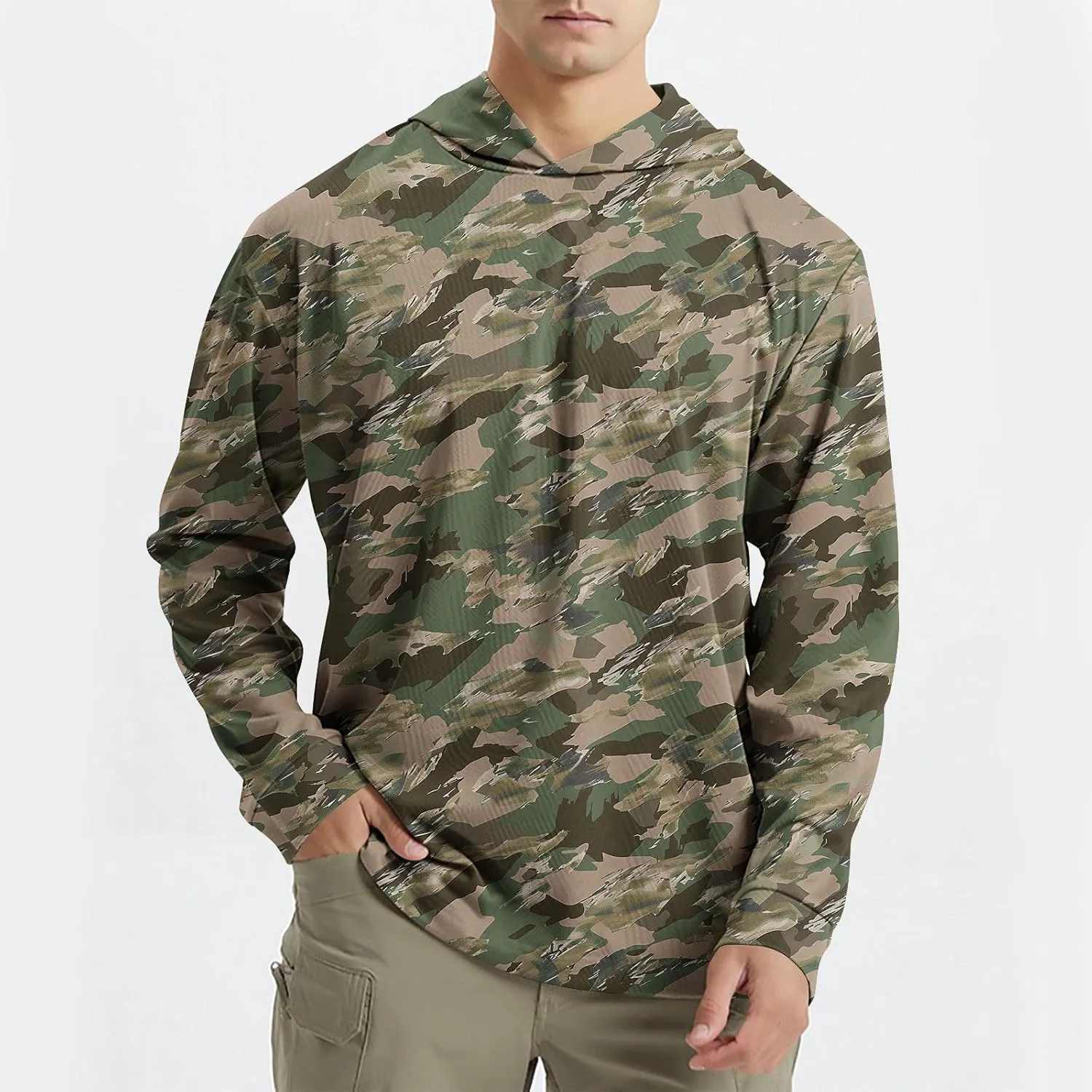 Men's UPF 50  Sun Protection Rash Guard Long Sleeve Camo Fishing Cooling Hoodie Outdoor Fishing Swimming Hiking Shirts