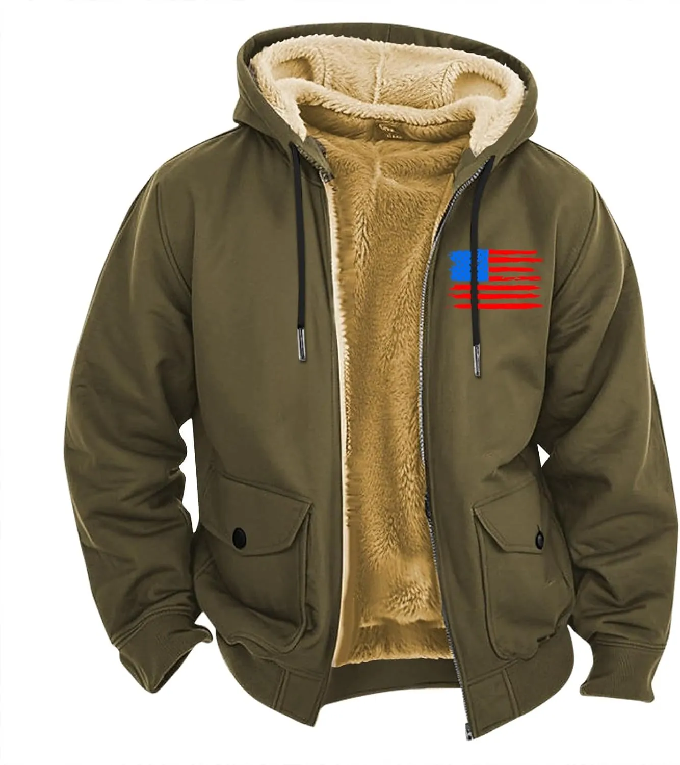 Mens Winter Coats Sherpa Fleece Jacket USA Flag Graphic Big and Tall Zip Up Outdoor Thicken Jacket with Pockets