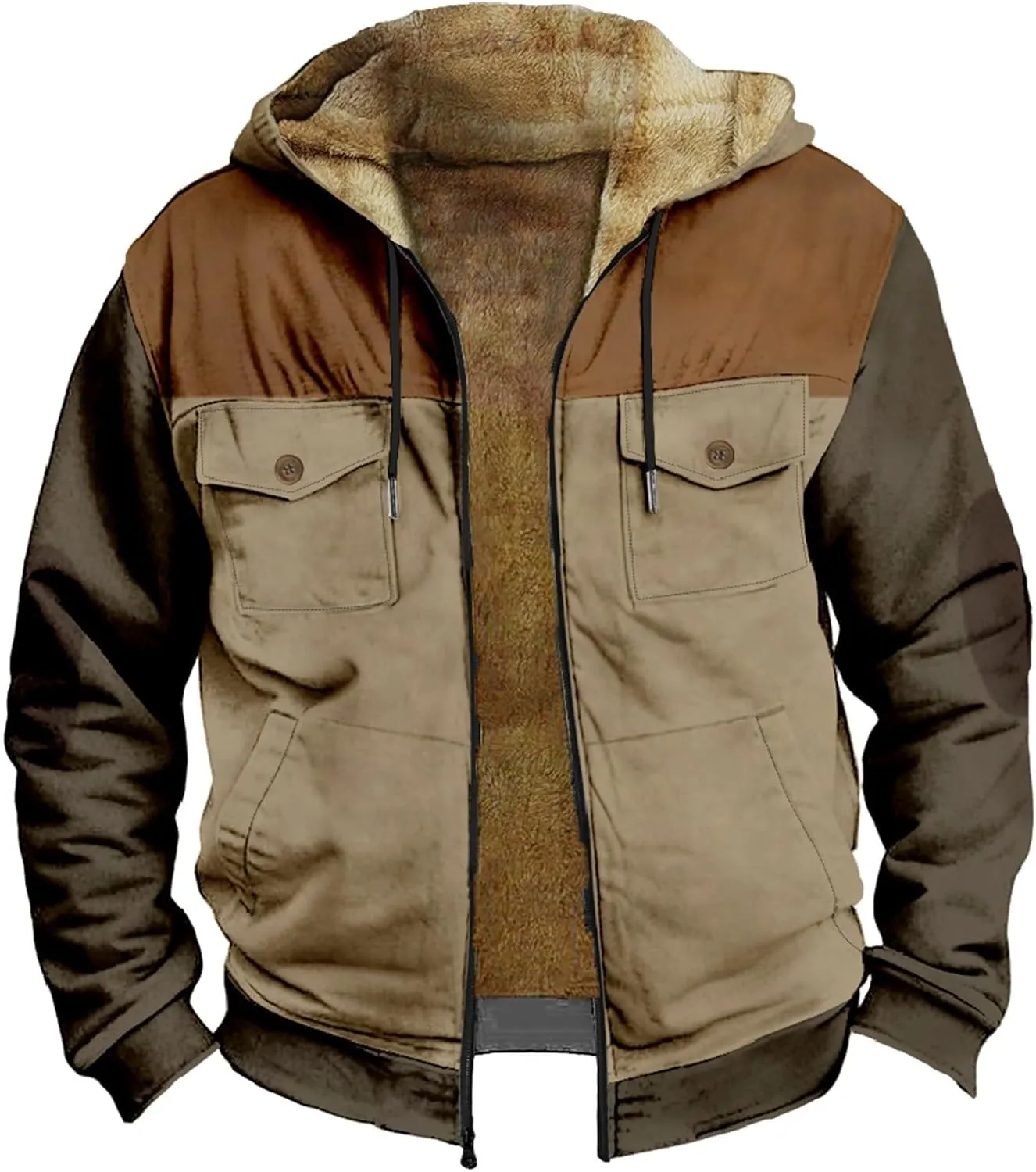 Men's Winter Jacket Hooded Sweater with Brown Pocket Cotton Jacket Hooded Windproof Windbreaker Jacket for Men