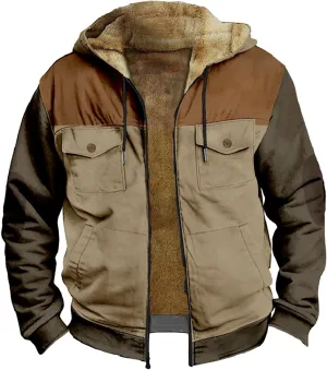 Men's Winter Jacket Hooded Sweater with Brown Pocket Cotton Jacket Hooded Windproof Windbreaker Jacket for Men
