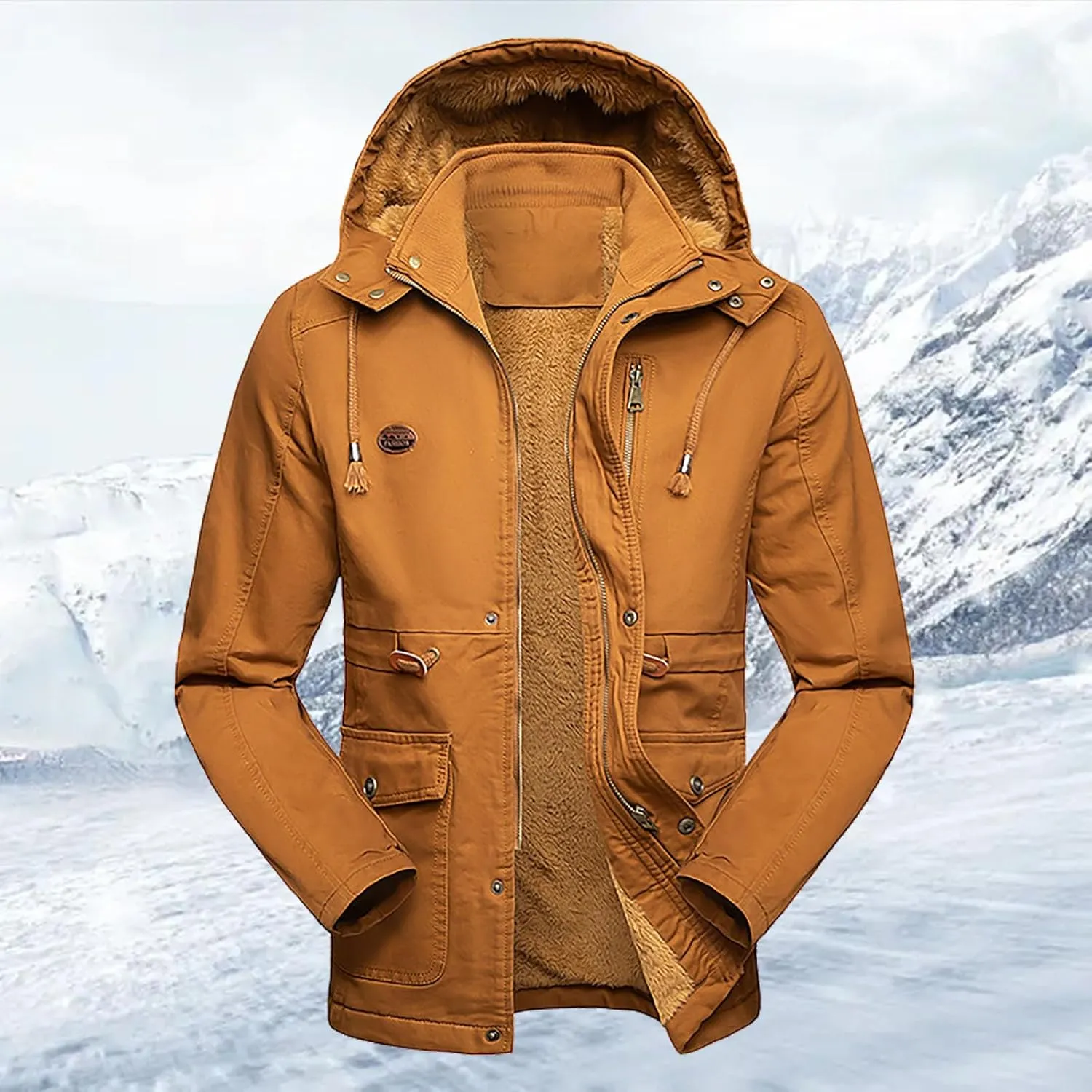 Men's Winter Work Jacket Casual Mid-Length Warm Thickened Coat Fashion Solid Color Fleece Pullover Cardigan Hoodies