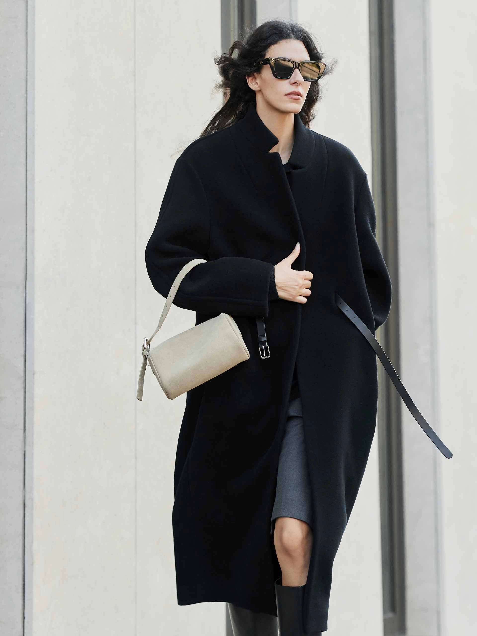 Packable Technology Extended Coverage Merino Wool Belted Overcoat