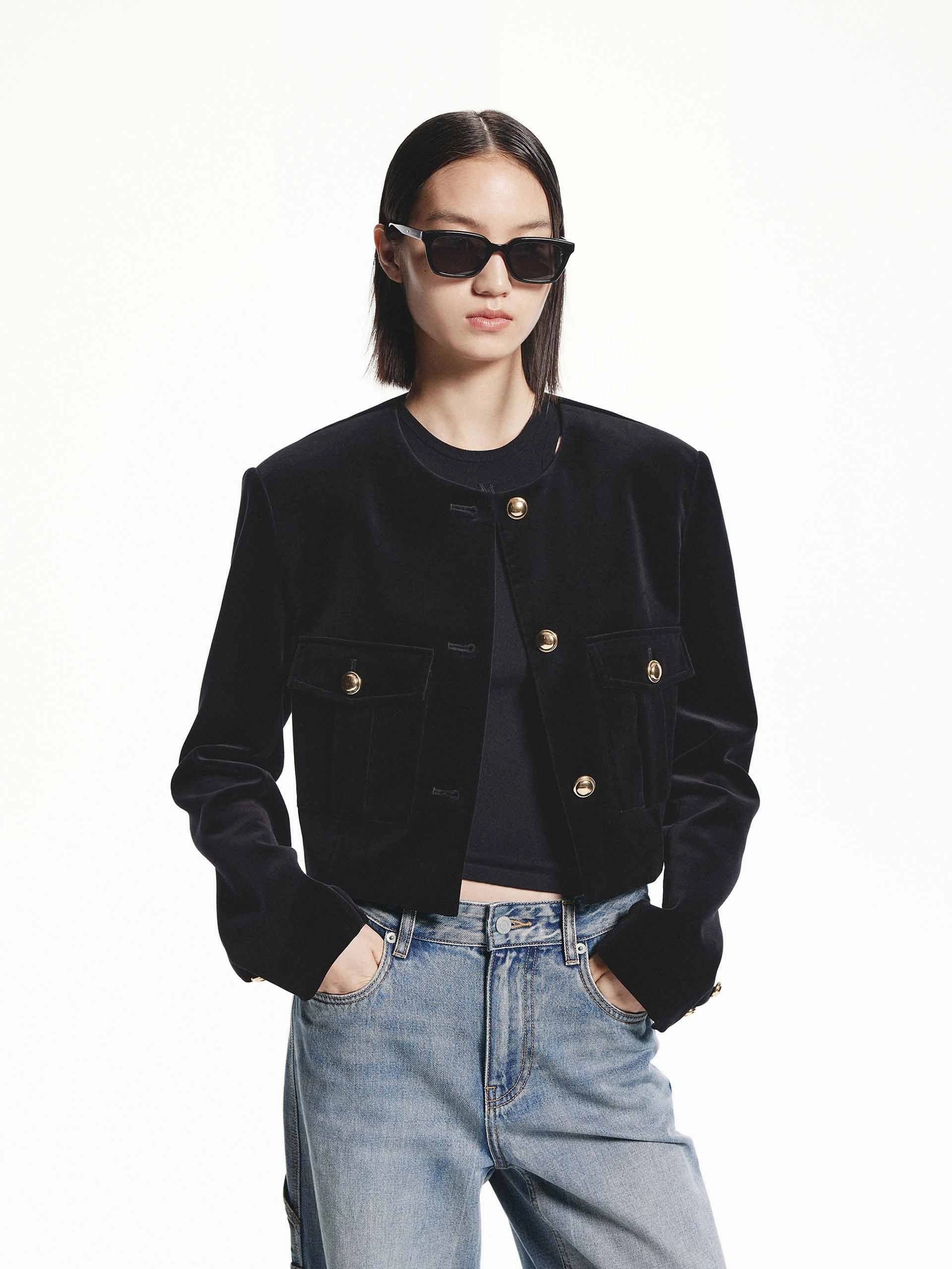 Metallic Button Cropped Jacket Relaxed Fit Silhouette