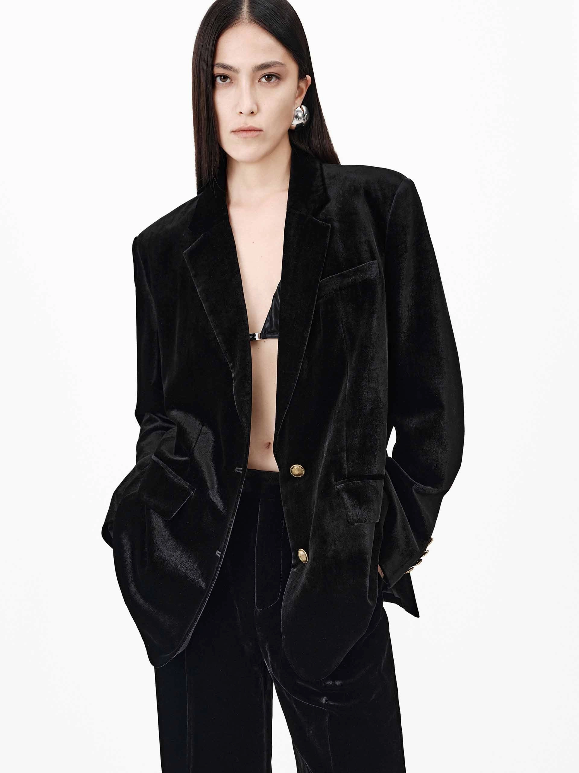 Metallic Button Velvet Blazer Dry Weather Look