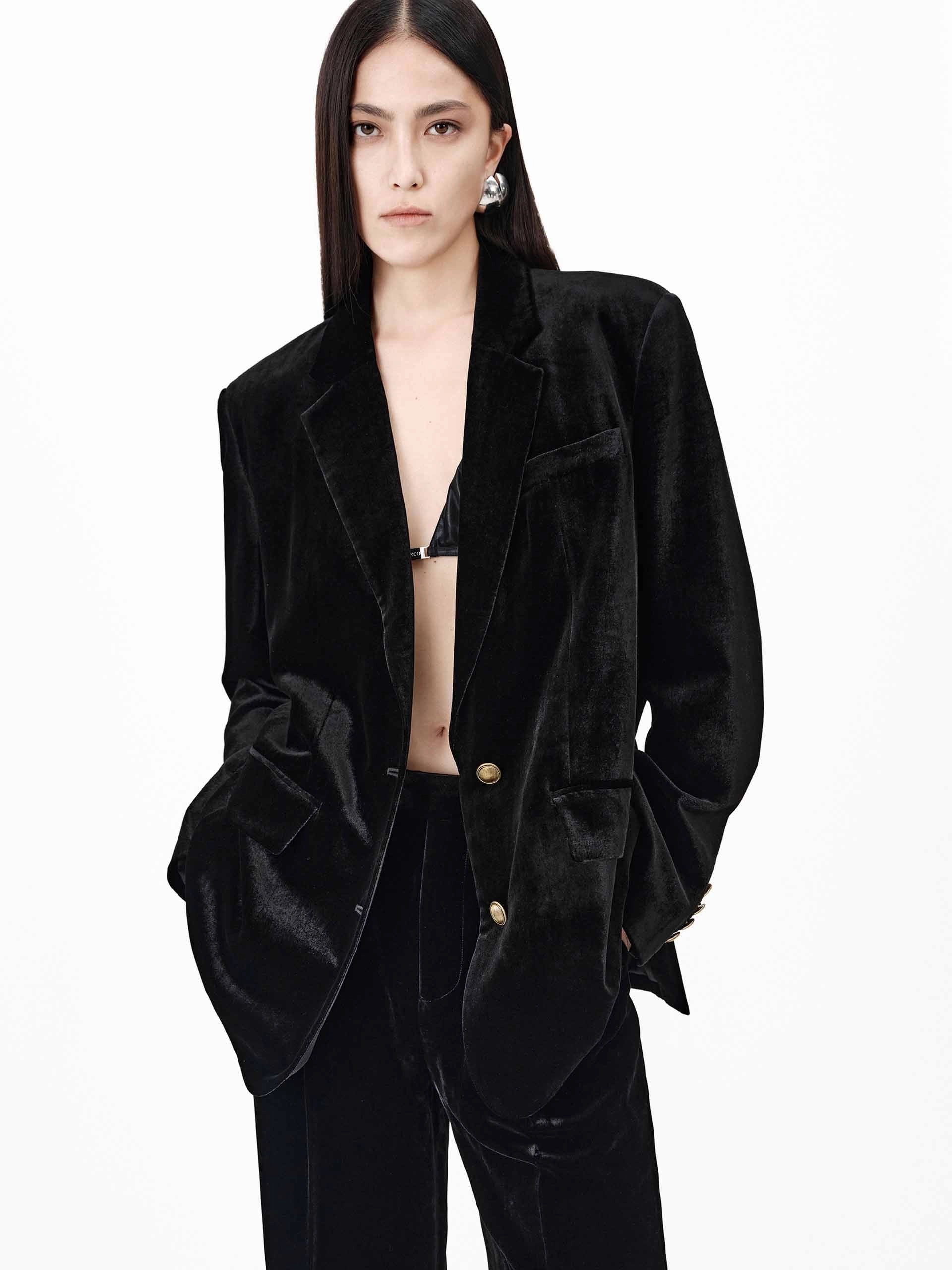 AllPurposeFastening Low Maintenance Fabric Metallic Button Velvet Blazer