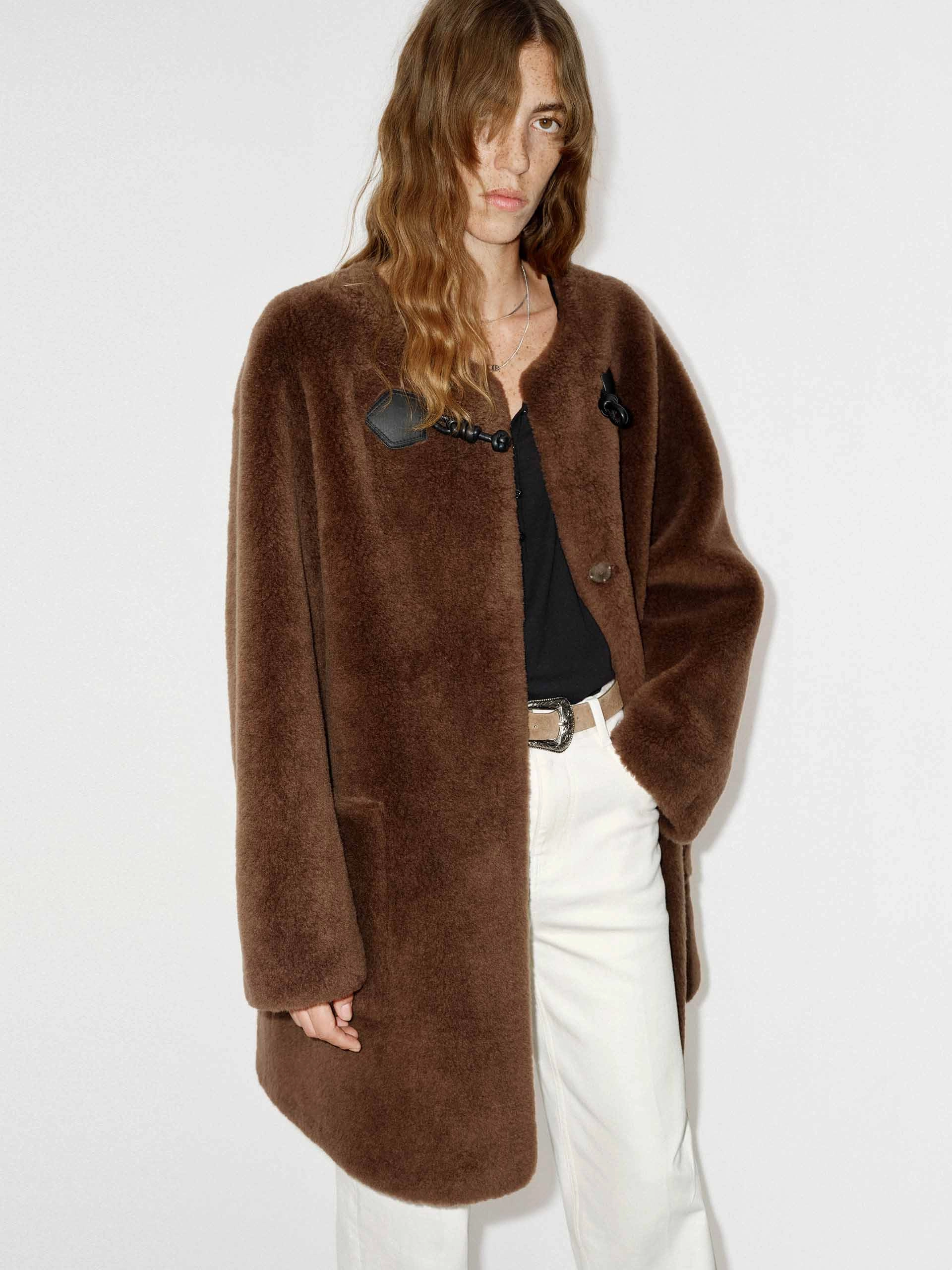 Active Style Midi Length Fuzzy Coat