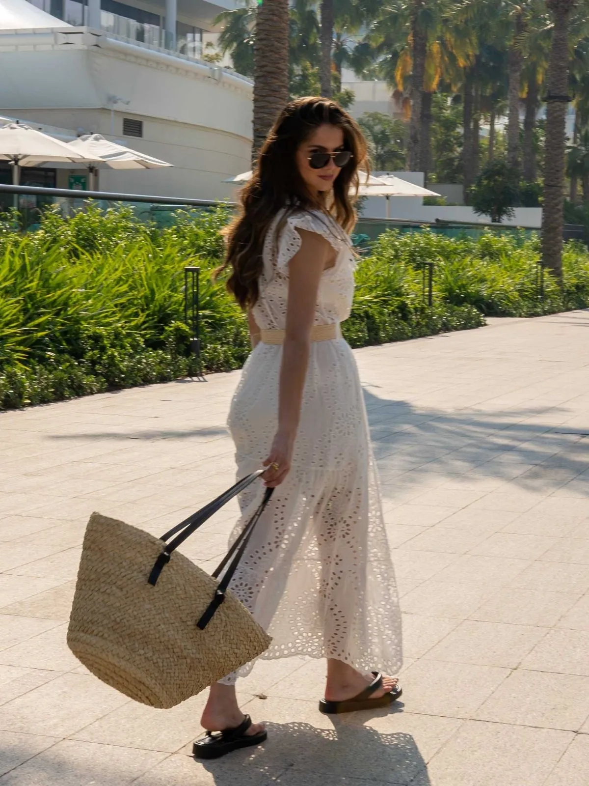 Mikaela Belted Broderie Midi Dress in White Petite Chic