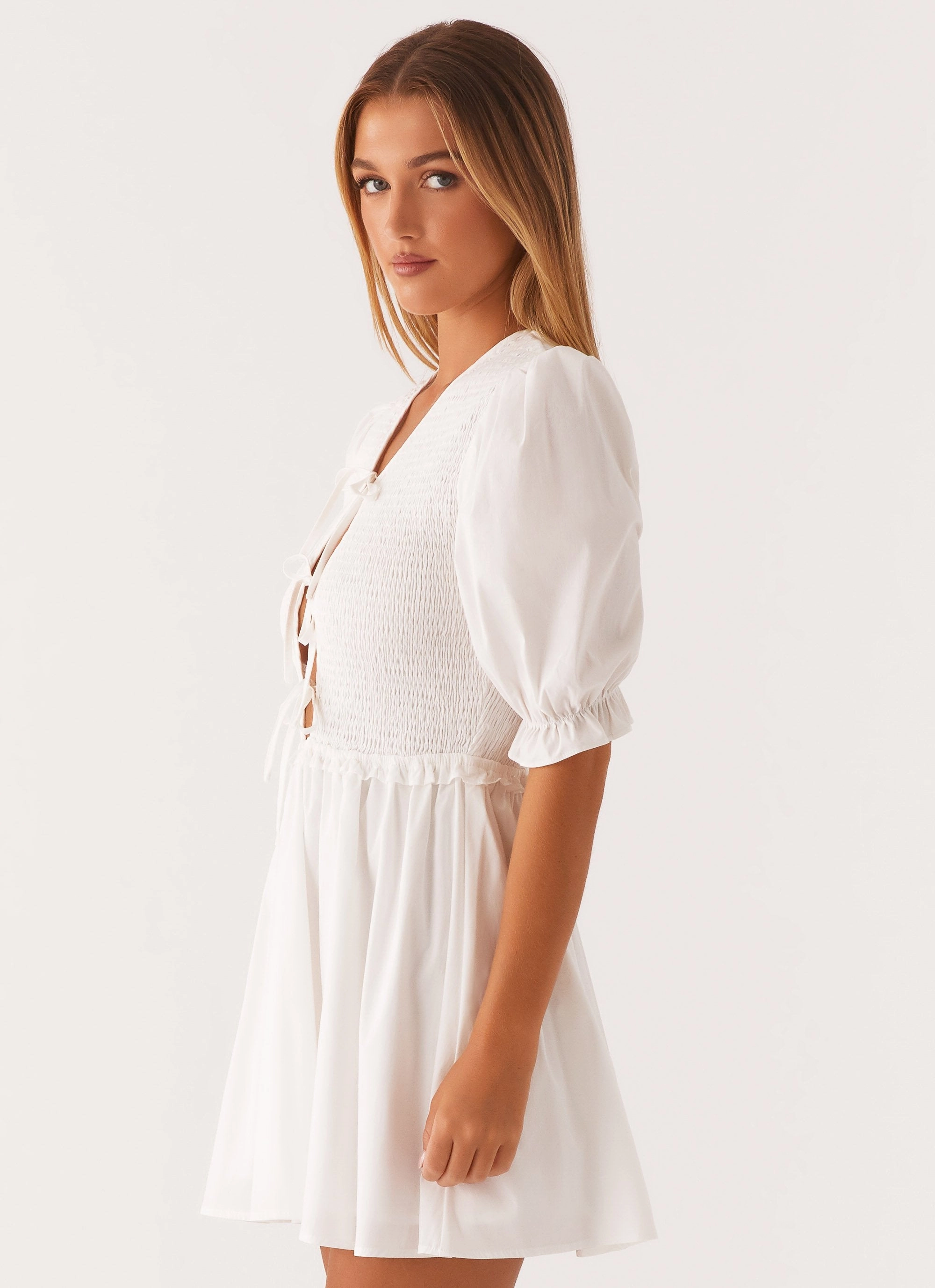 Lined interior Sleeve Light Milana Shirred Puff Sleeve Mini Dress - White
