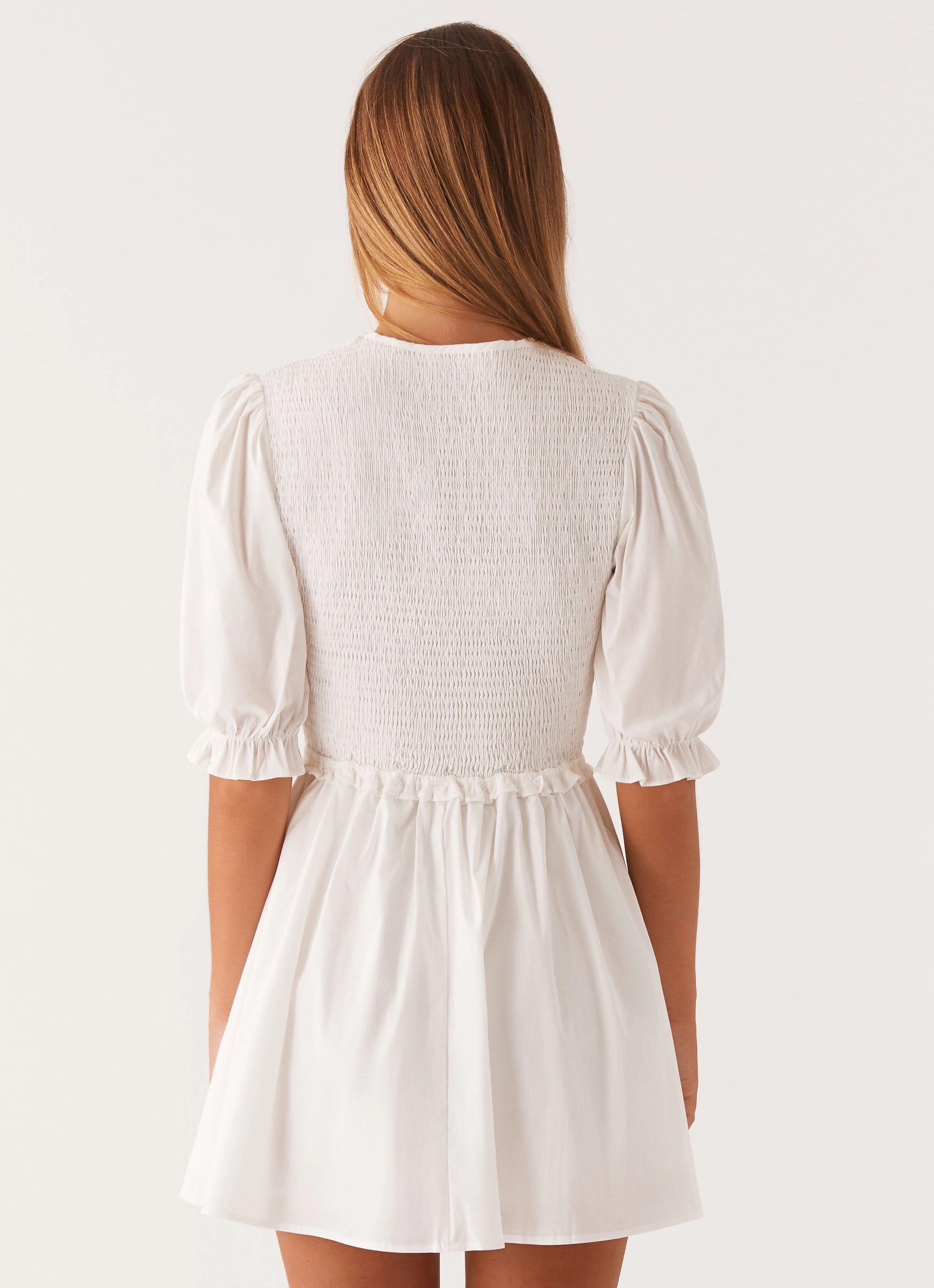 Chic and Flattering Milana Shirred Puff Sleeve Mini Dress - White