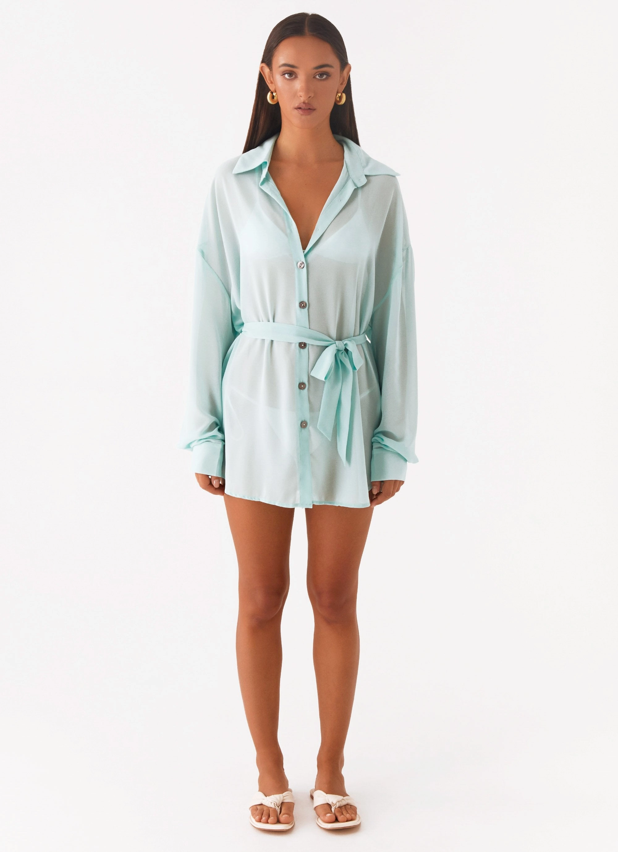 Miley Oversized Chiffon Shirt - Pale Blue Casual Elegance