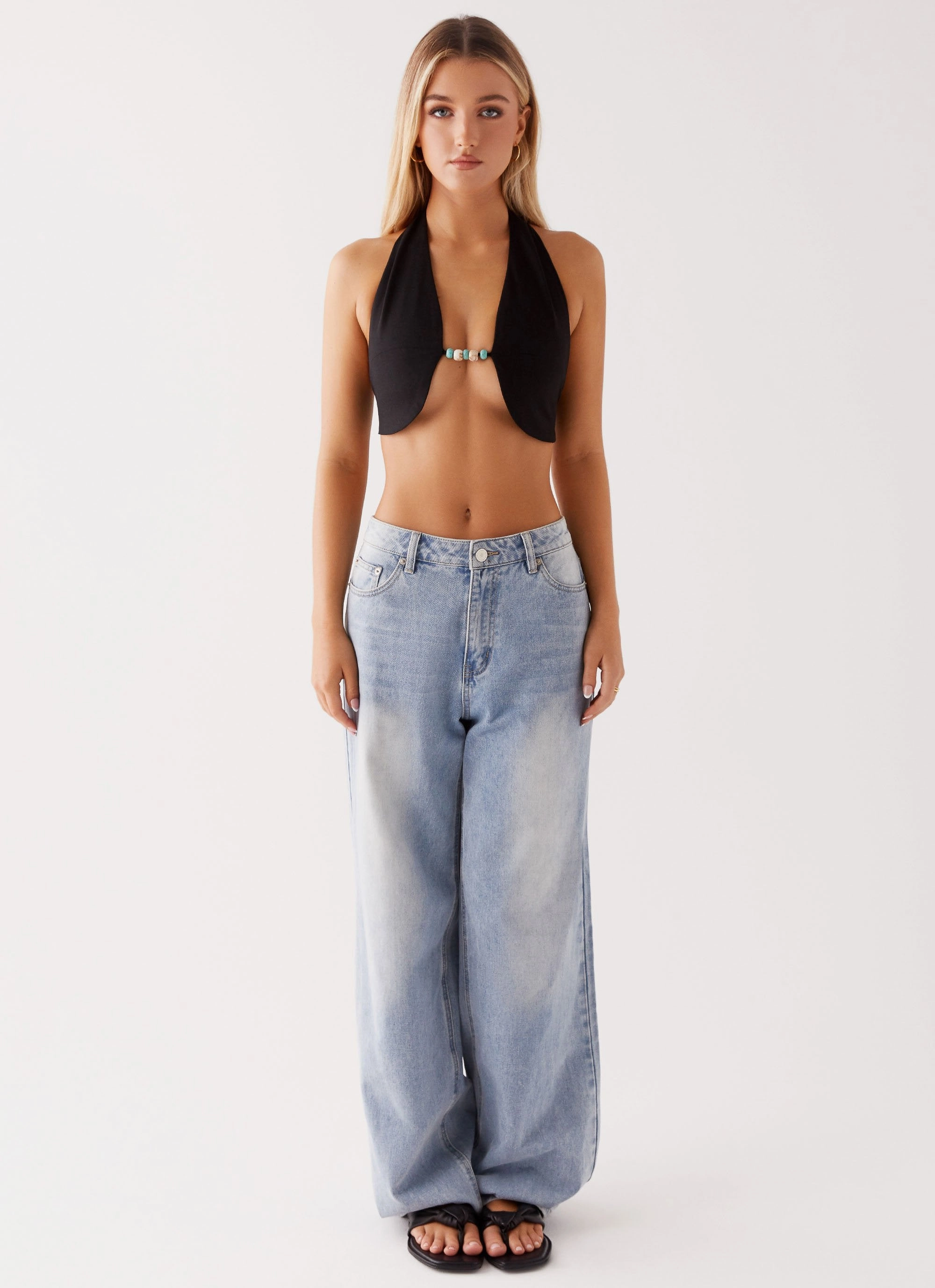 BreathableMeshPanel Milli Halter Beaded Top - Black