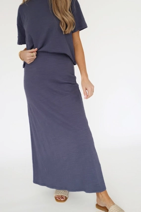 Delavine Textured Midi Skirt - Worn Blue-(FINAL SALE) Ribbed Trim Details