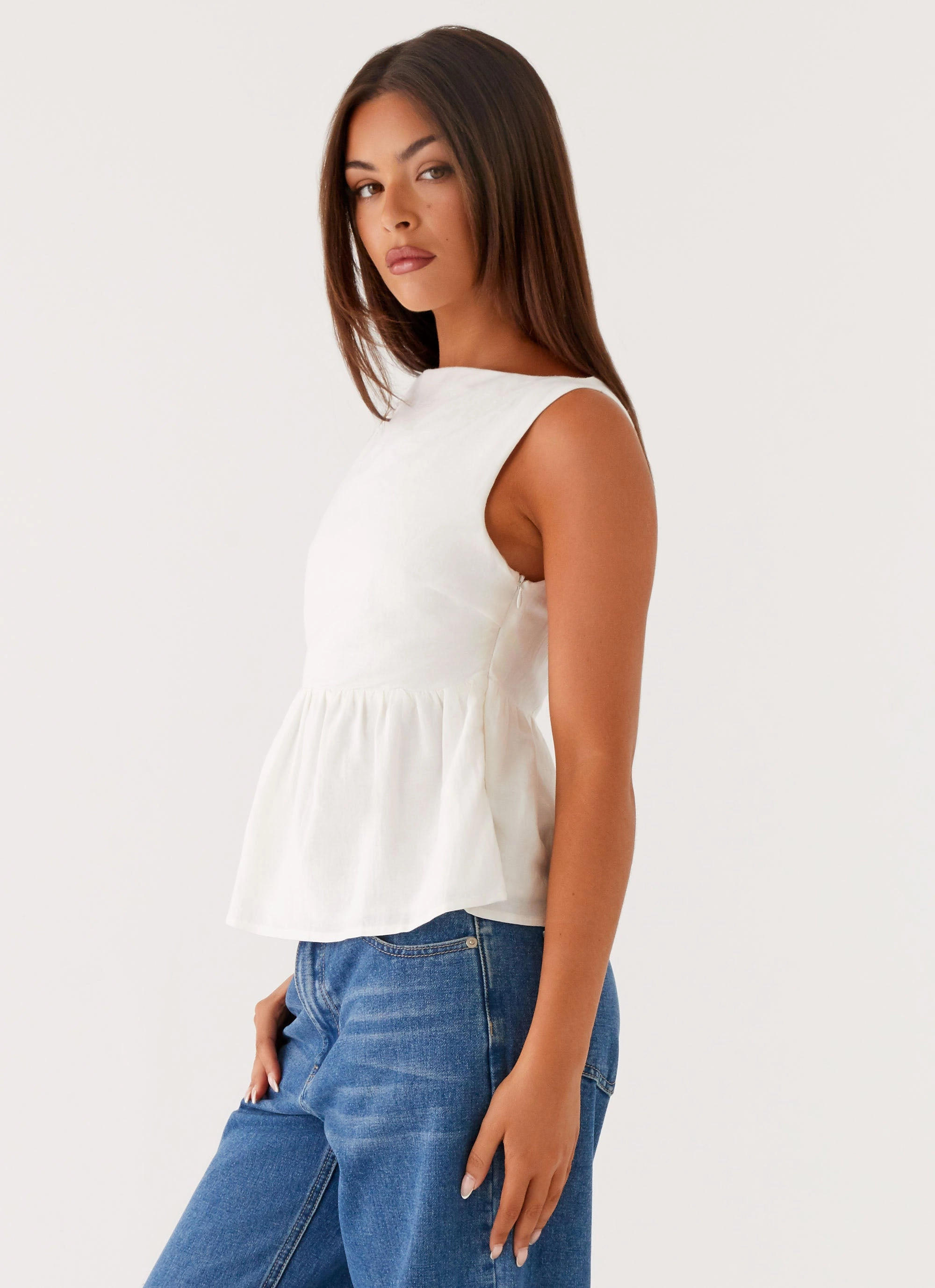 Adjustable Shoulder Straps Sallie Linen Top - White