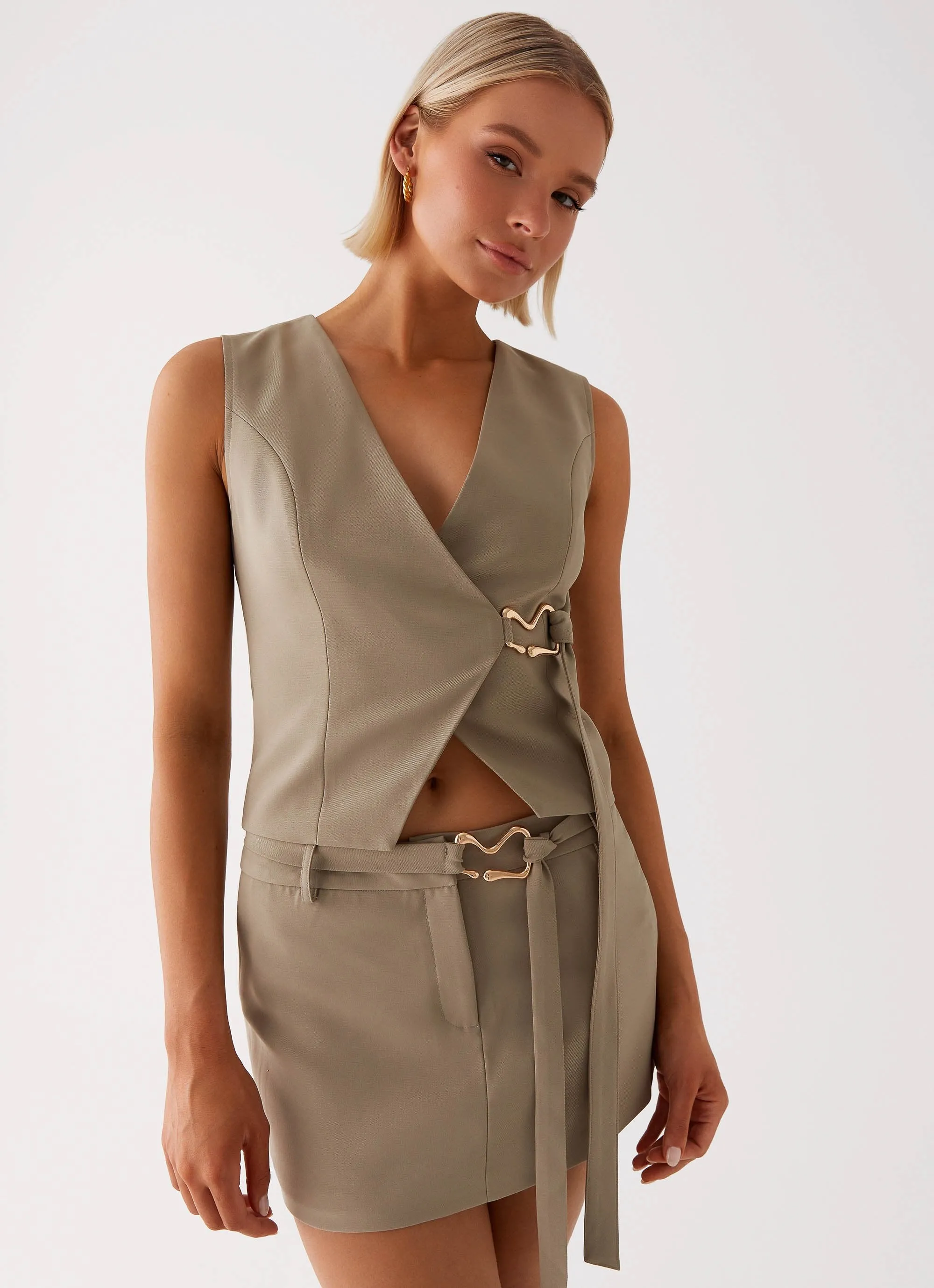 Mira Vest Top - Khaki Layered Collar Structure HighCollar Design