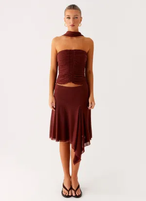 Non Irritating Edges Frayed Finish Mirage Midi Skirt - Chocolate