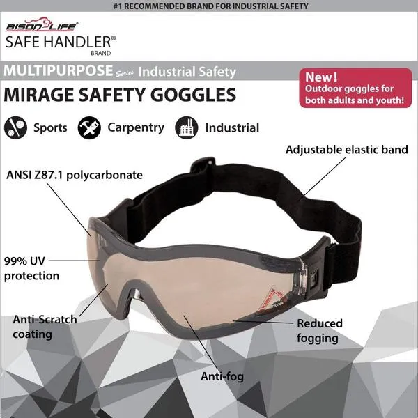 Mirage Safety Glasses with Adjustable Elastic Band, Anti Scratch-Fog Lens