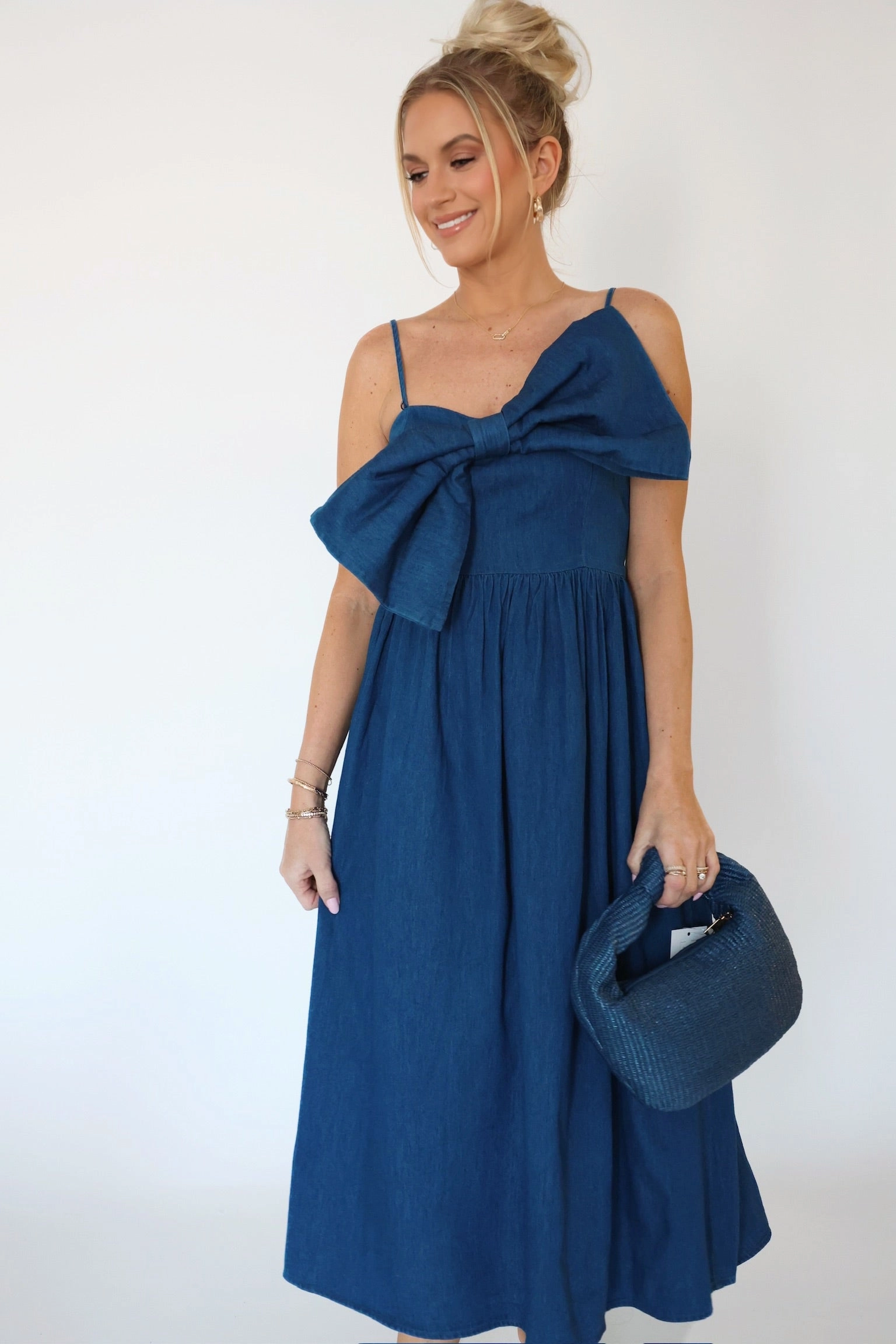 Ergonomic Pattern Design Elasticized Waistband Miss Americana Bow Midi Dress (FINAL SALE)