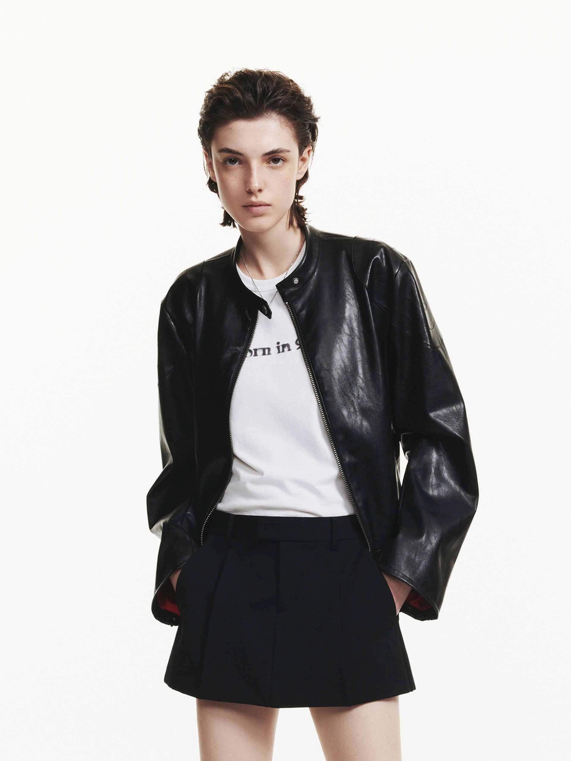 Leather Bomber Jacket Stripe Look