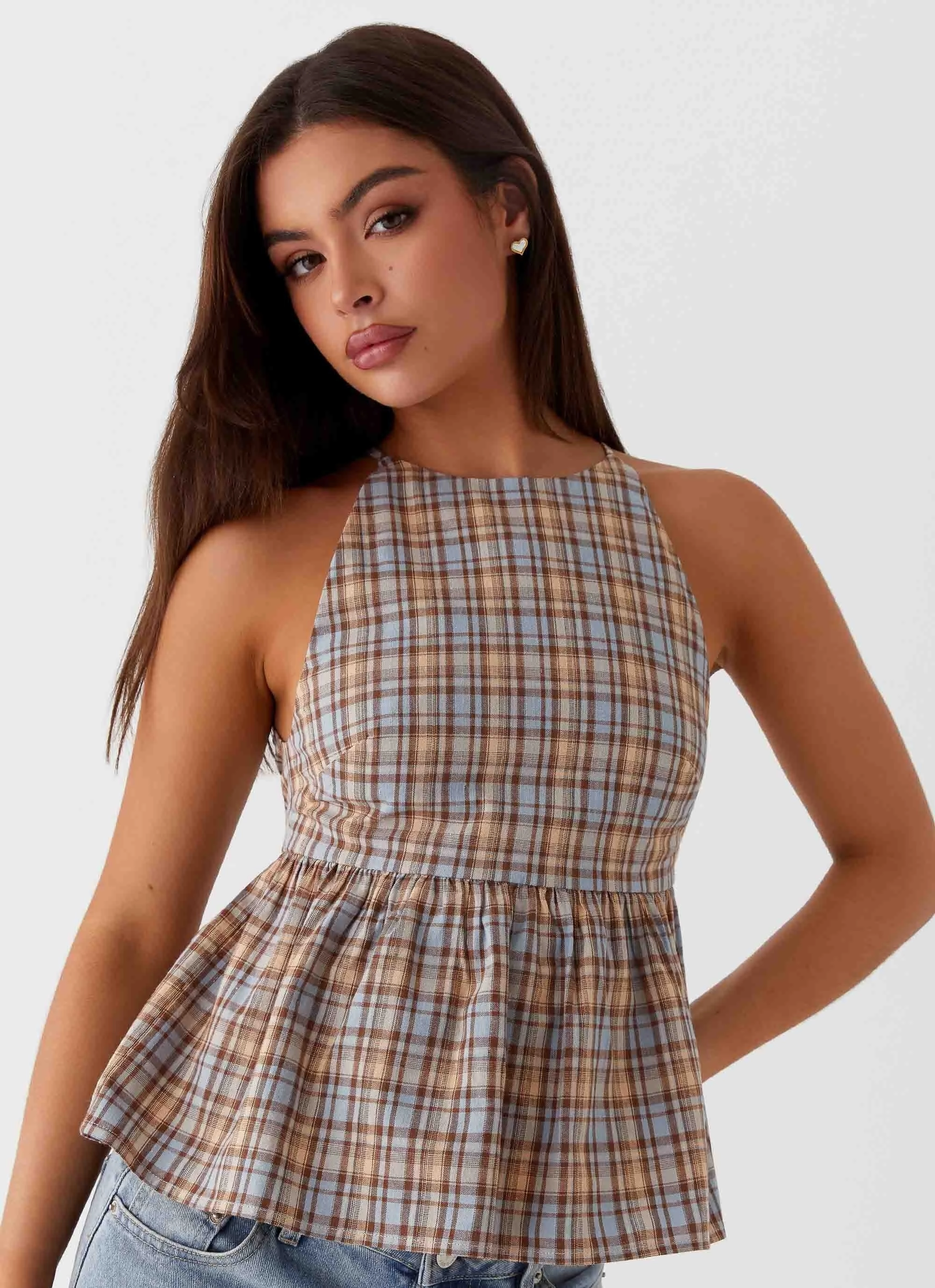 Tanith Ruffle Top - Brown Check PortableOption