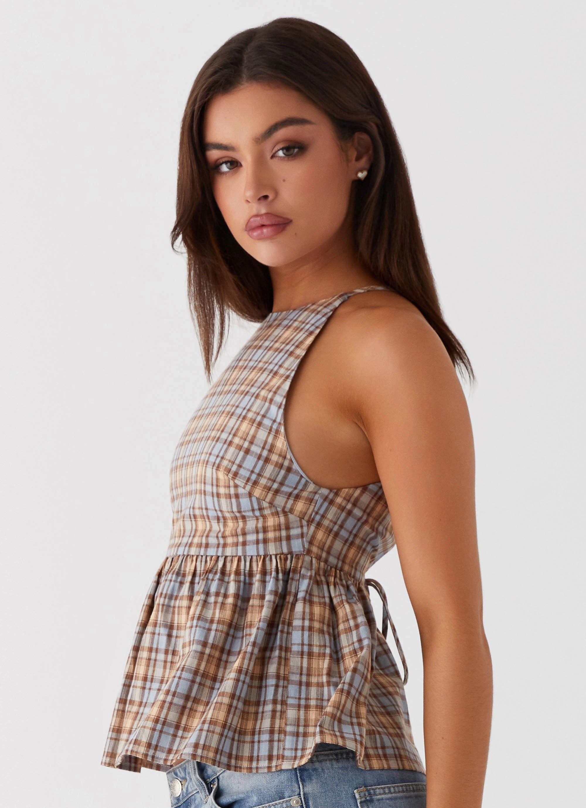 Tanith Ruffle Top - Brown Check Modular Layering System