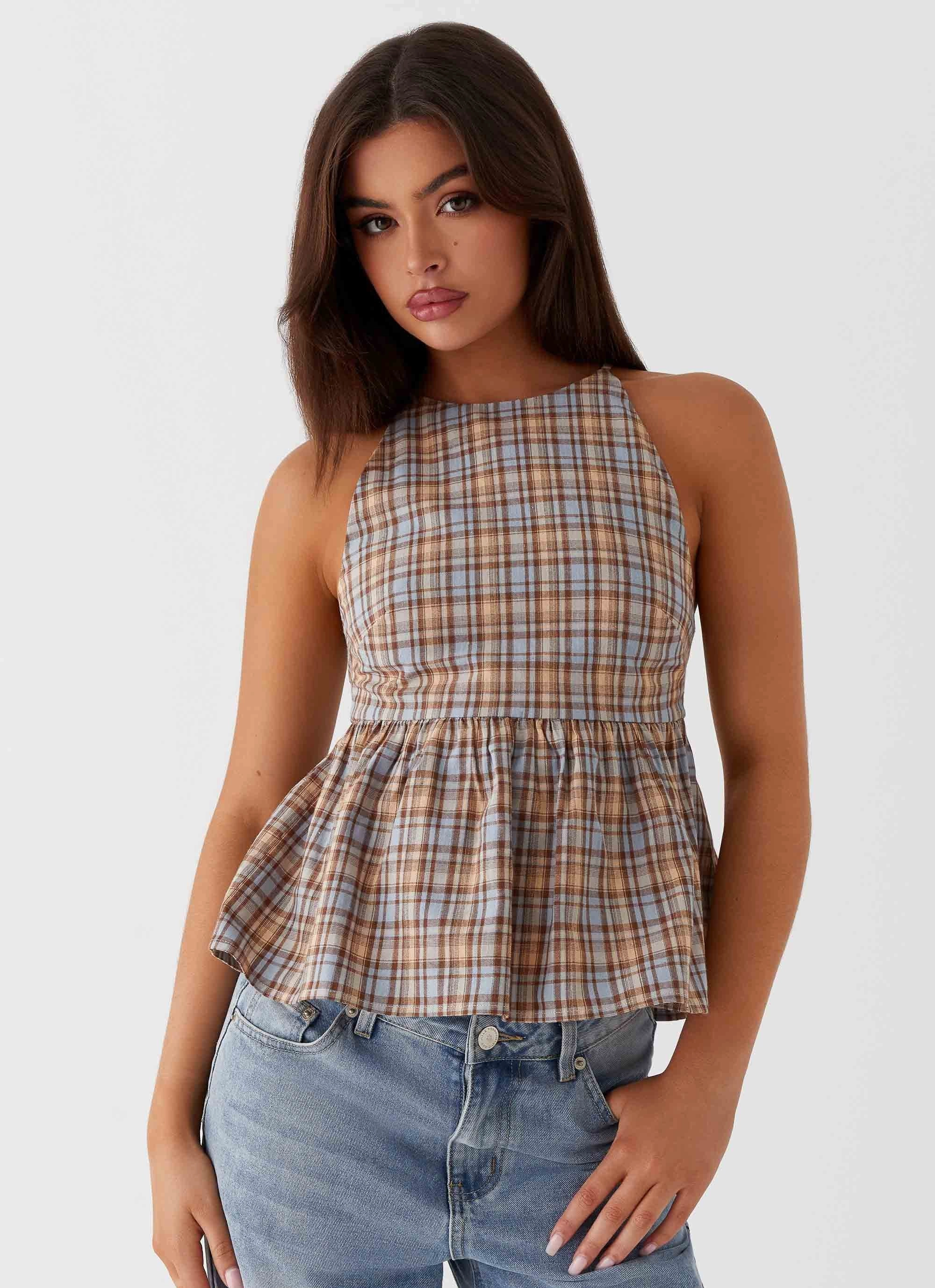 FoldableFeature Smooth Seam Transition Tanith Ruffle Top - Brown Check