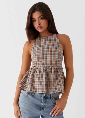 FoldableFeature Smooth Seam Transition Tanith Ruffle Top - Brown Check