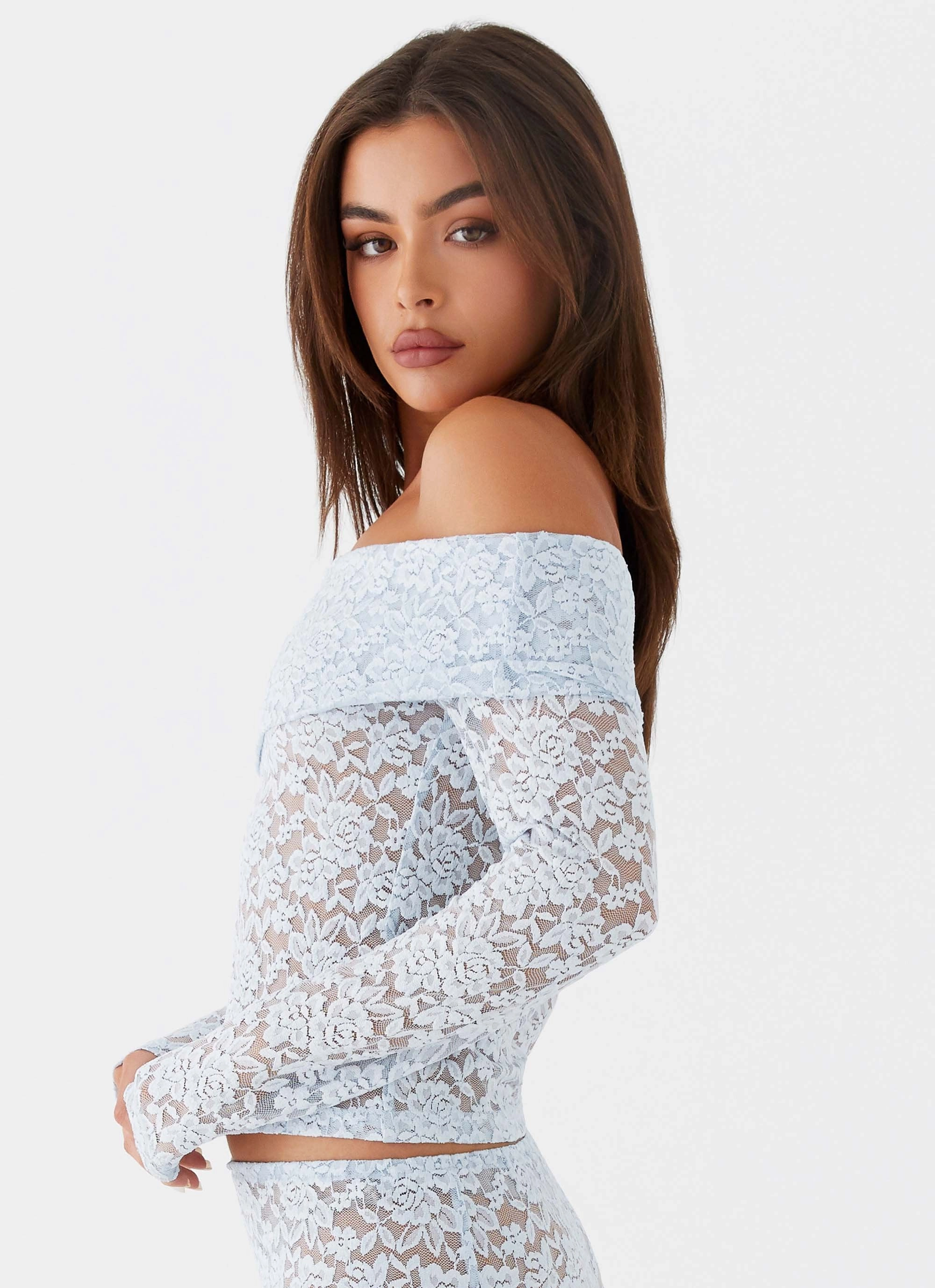 Laser Cut Vents Zephyra Lace Long Sleeve Top - Blue Cloud
