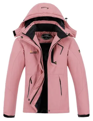 MOERDENG Women's Waterproof Ski Jacket Warm Winter Snow Coat Mountain Windbreaker Hooded Raincoat, Pink, X-Large