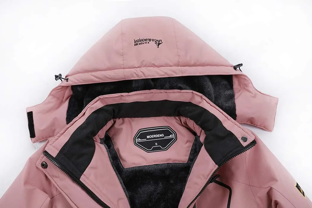MOERDENG Women's Waterproof Ski Jacket Warm Winter Snow Coat Mountain Windbreaker Hooded Raincoat, Pink, X-Large