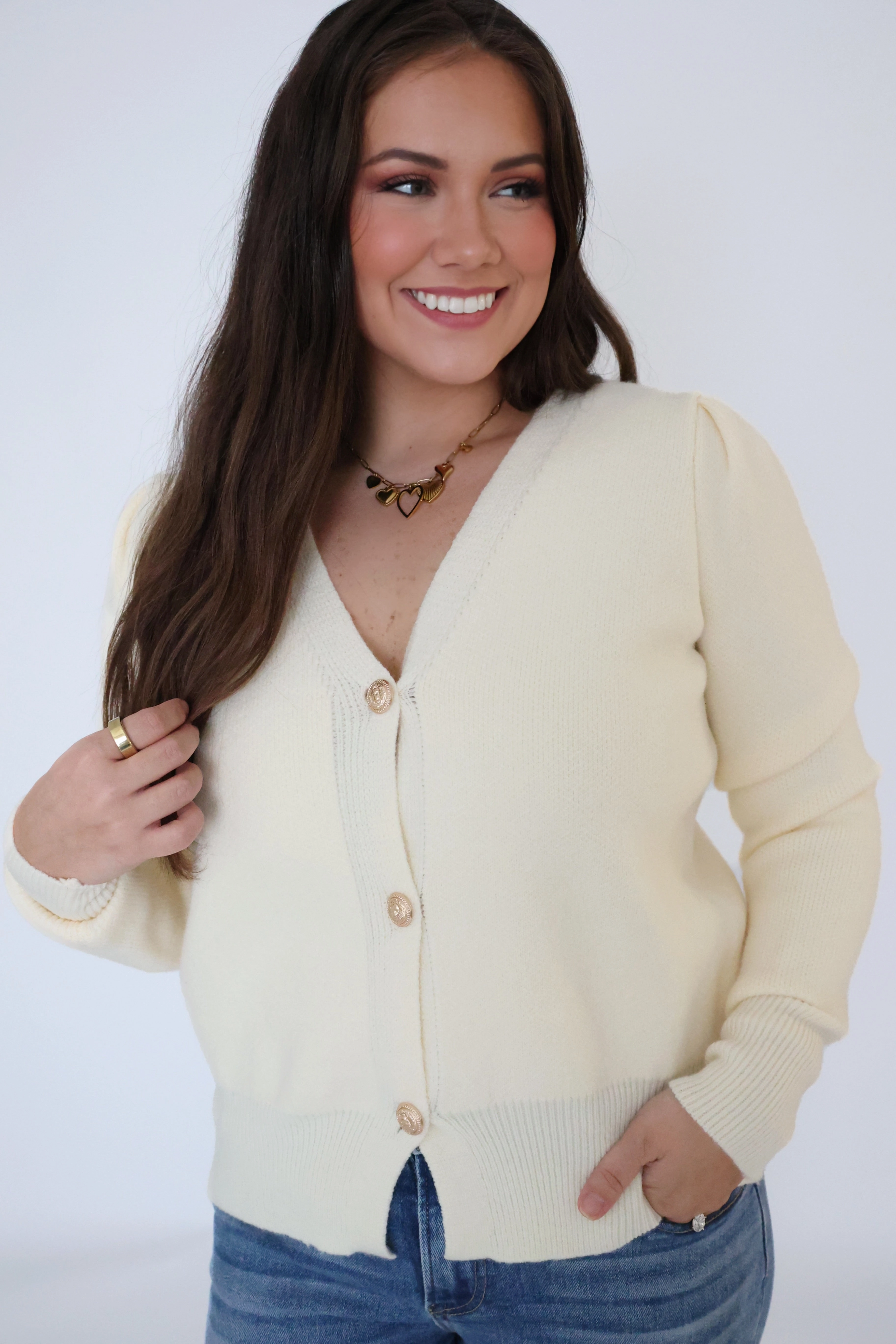 Ribbed Trim VNeck Style Candace Cardigan-Cream(FINAL SALE)