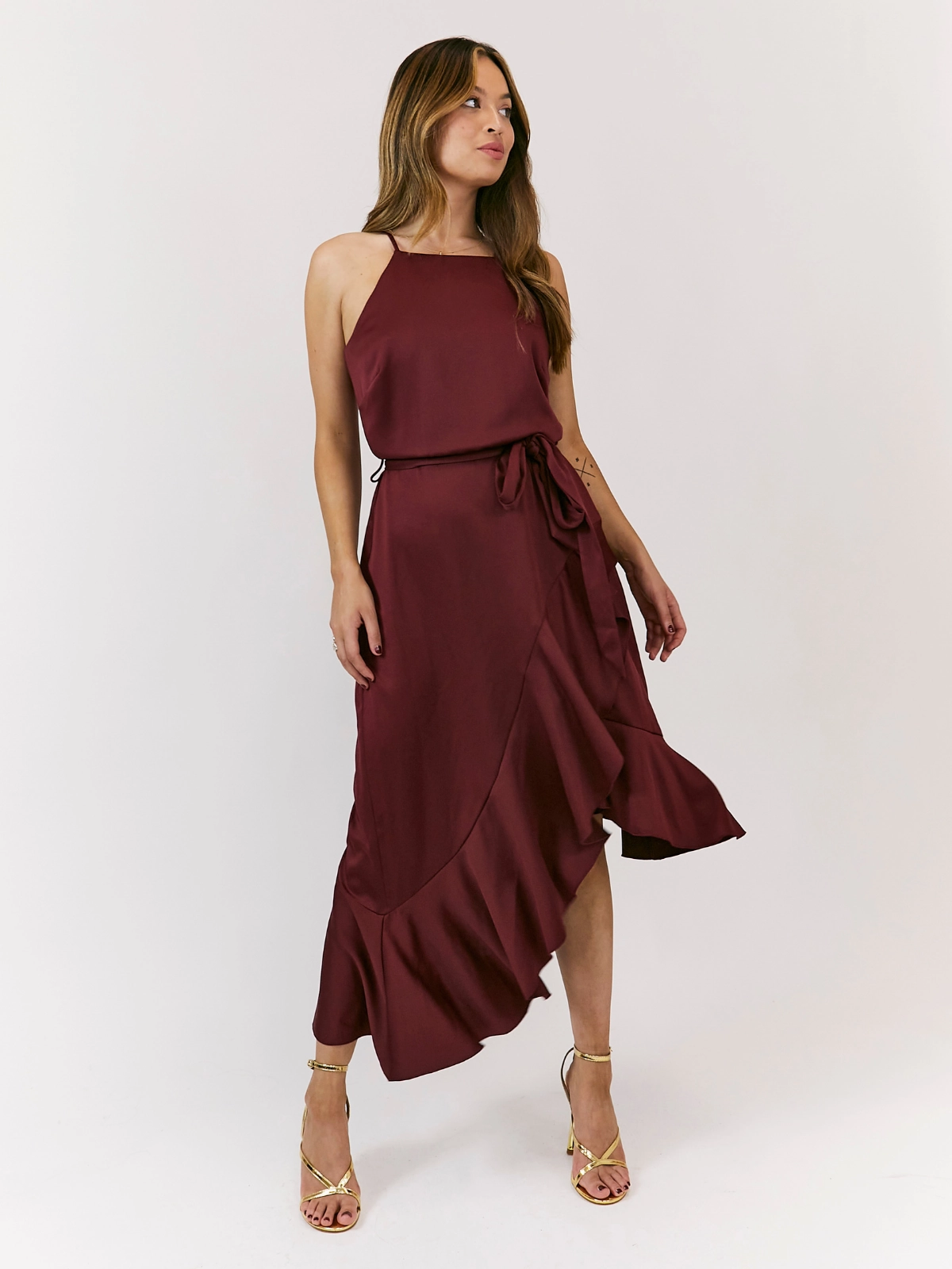 Cozy Blouse NonIrritatingStitching Ariana Halter Frill Dress / Mulberry Red