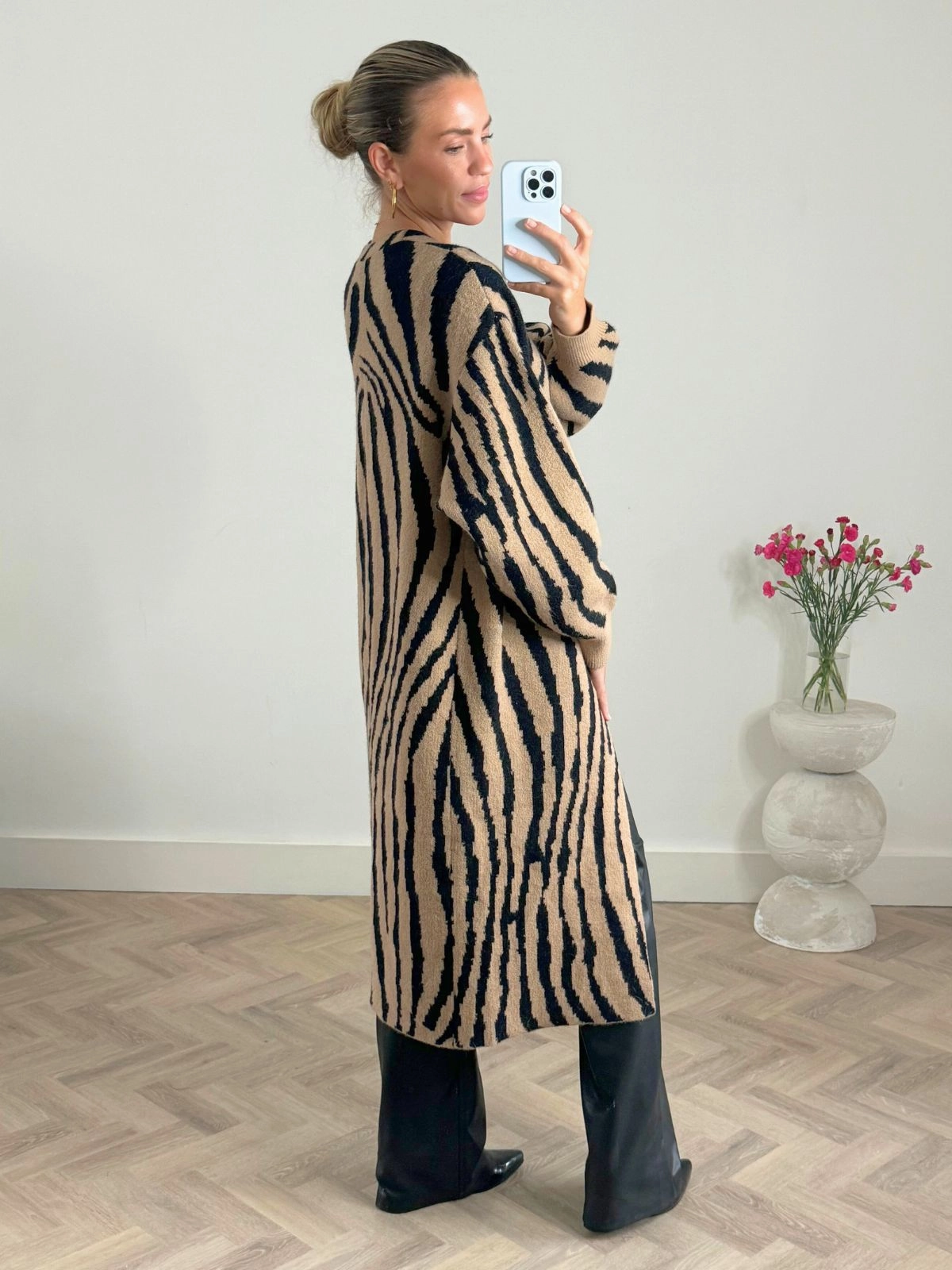 DoubleLayeredCollar Eliana Zebra Cardigan In Neutral & Black