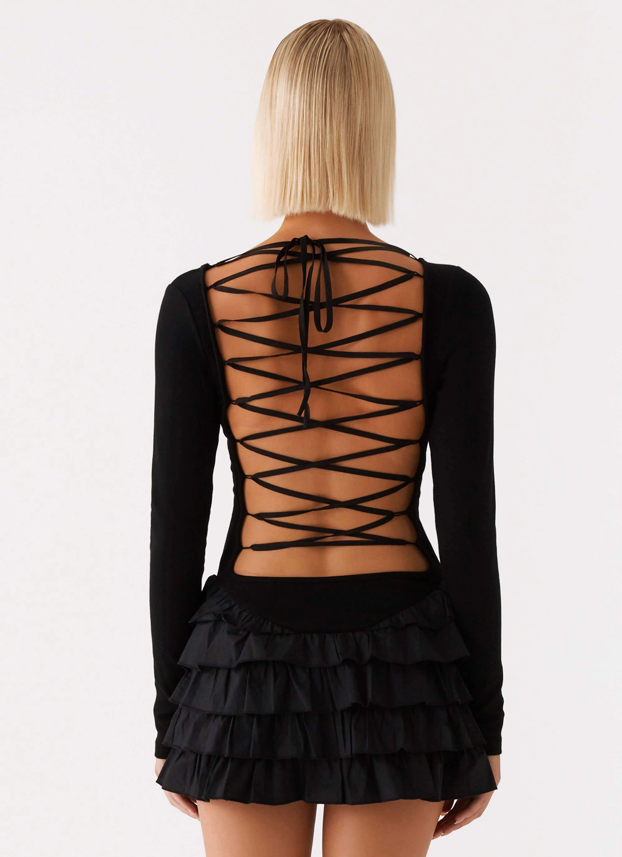 Body Fit Modest Look Moon Rising Long Sleeve Mini Dress - Black