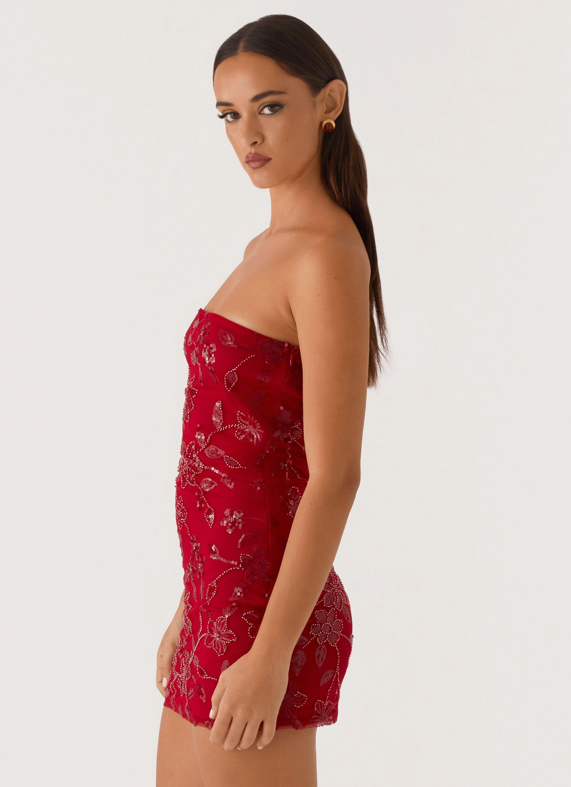 Moorey Beaded Mini Dress - Red Sophisticated Waistband Fit Fit Base