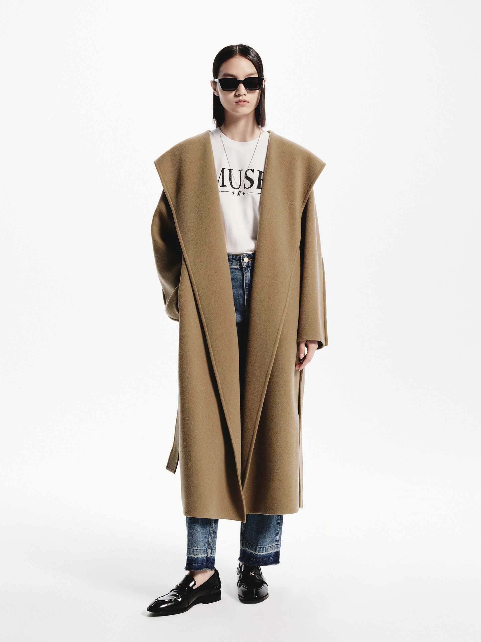 Foldable Design Belted Wool Long Coat