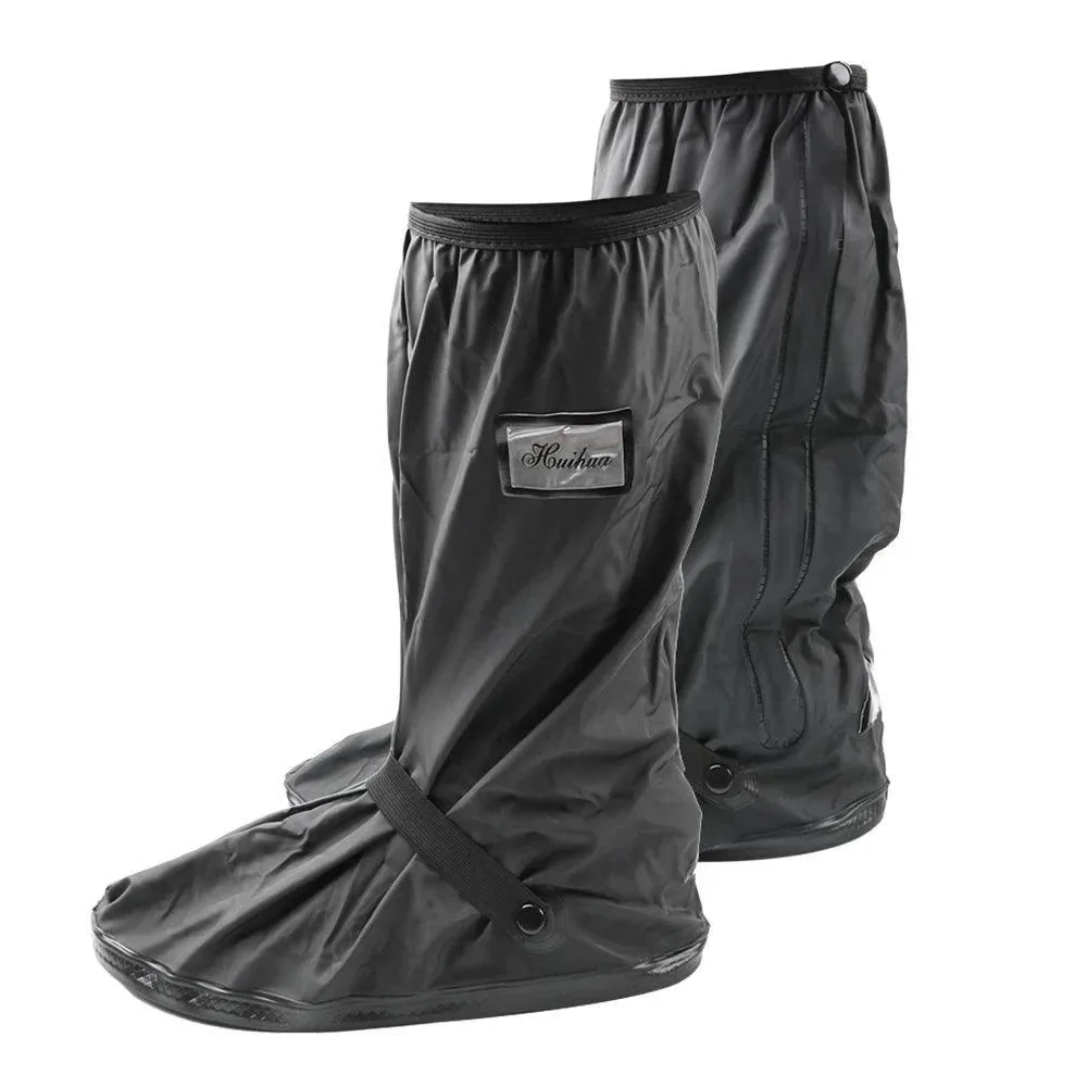 Motorcycle Rain Shoe Covers, Waterproof PVC, Non-Slip Sole, Adjustable Fit, Durable, Black, S-XL Sizes