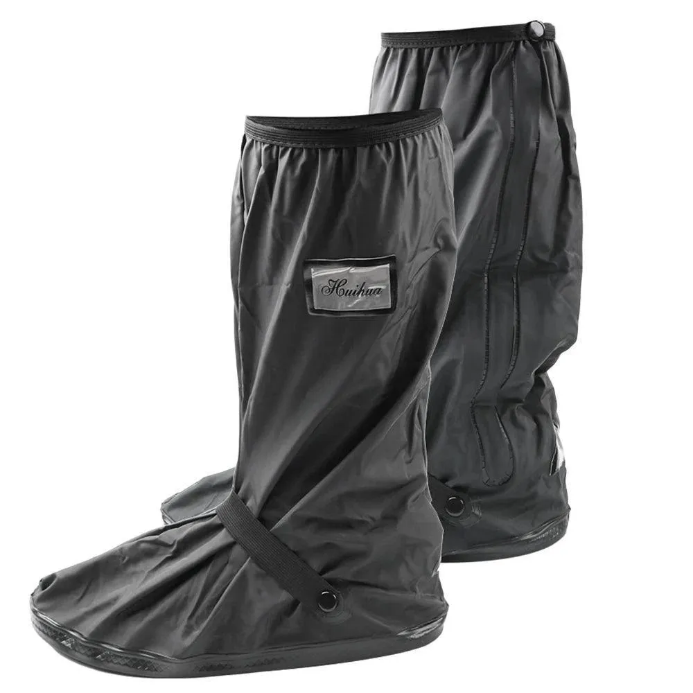 Motorcycle Rain Shoe Covers, Waterproof PVC, Non-Slip Sole, Adjustable Fit, Durable, Black, S-XL Sizes
