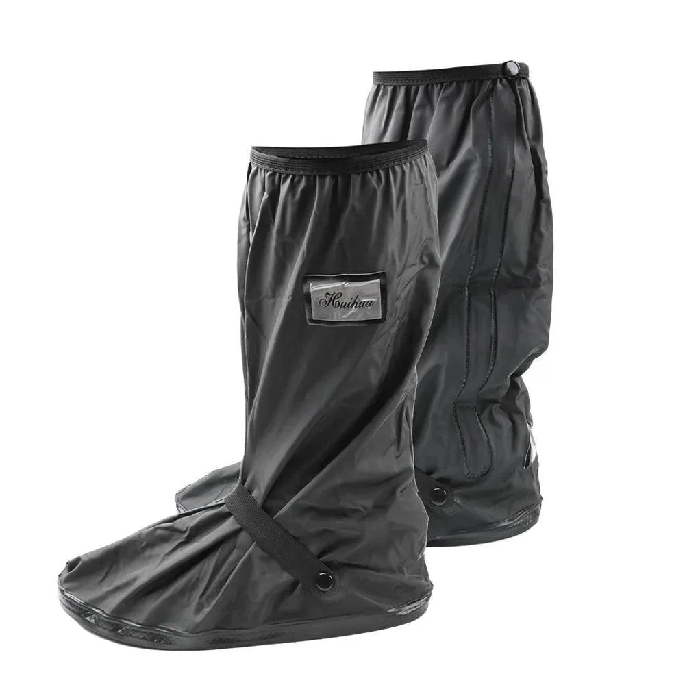 Motorcycle Rain Shoe Covers, Waterproof PVC, Non-Slip Sole, Adjustable Fit, Durable, Black, S-XL Sizes