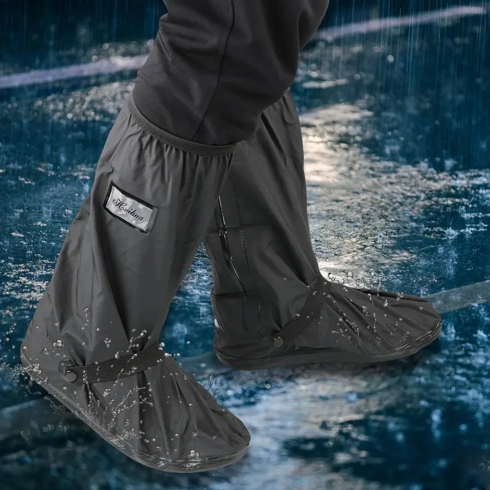 Motorcycle Rain Shoe Covers, Waterproof PVC, Non-Slip Sole, Adjustable Fit, Durable, Black, S-XL Sizes
