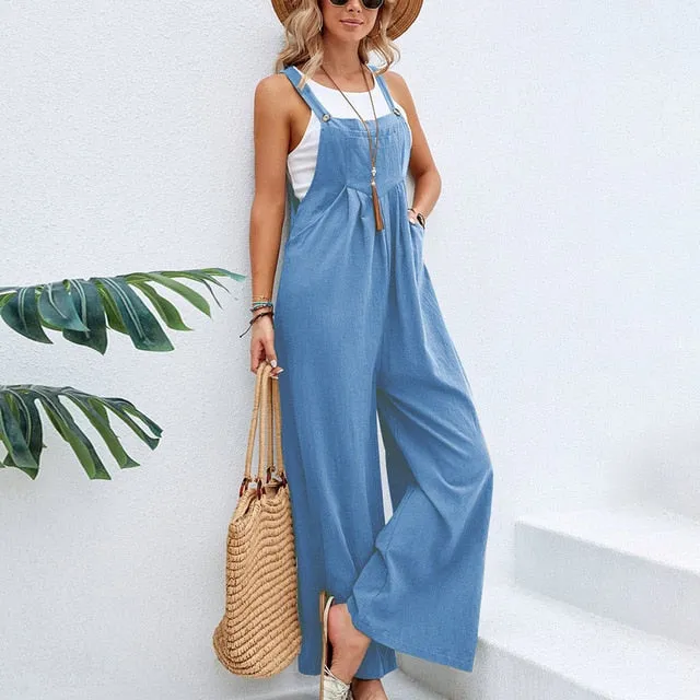 Multi-Color Retro Casual Rompers for Women – Cotton Suspender Jumpsuit, Wide Leg Pants, Pockets, Loose Fit, Summer