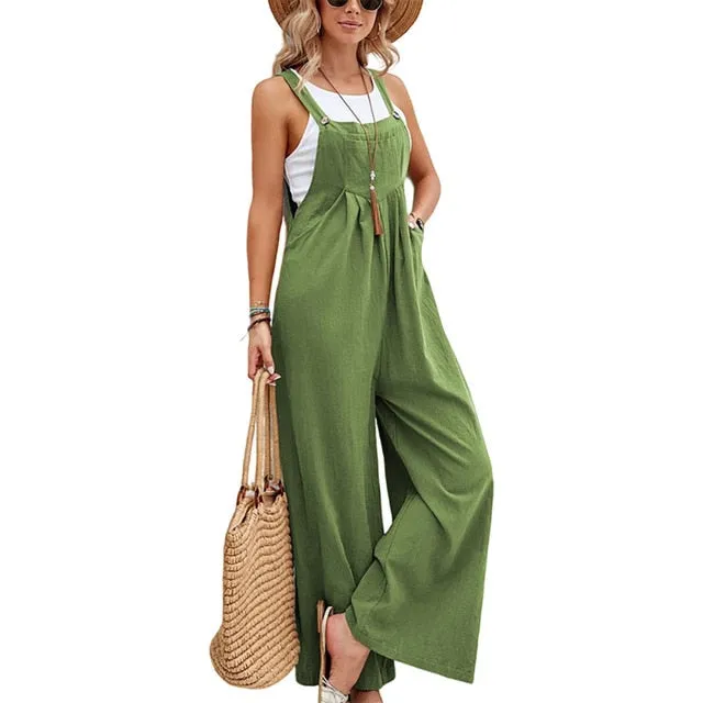 Multi-Color Retro Casual Rompers for Women – Cotton Suspender Jumpsuit, Wide Leg Pants, Pockets, Loose Fit, Summer