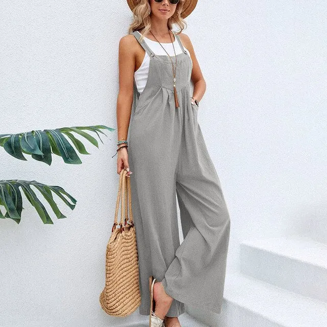 Multi-Color Retro Casual Rompers for Women – Cotton Suspender Jumpsuit, Wide Leg Pants, Pockets, Loose Fit, Summer
