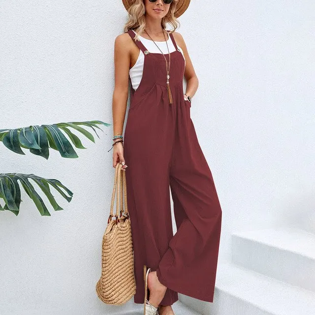Multi-Color Retro Casual Rompers for Women – Cotton Suspender Jumpsuit, Wide Leg Pants, Pockets, Loose Fit, Summer