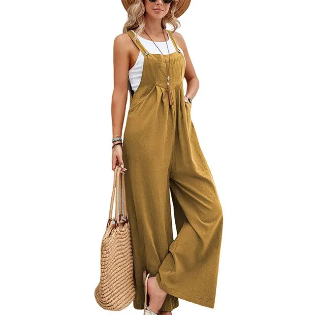 Multi-Color Retro Casual Rompers for Women – Cotton Suspender Jumpsuit, Wide Leg Pants, Pockets, Loose Fit, Summer