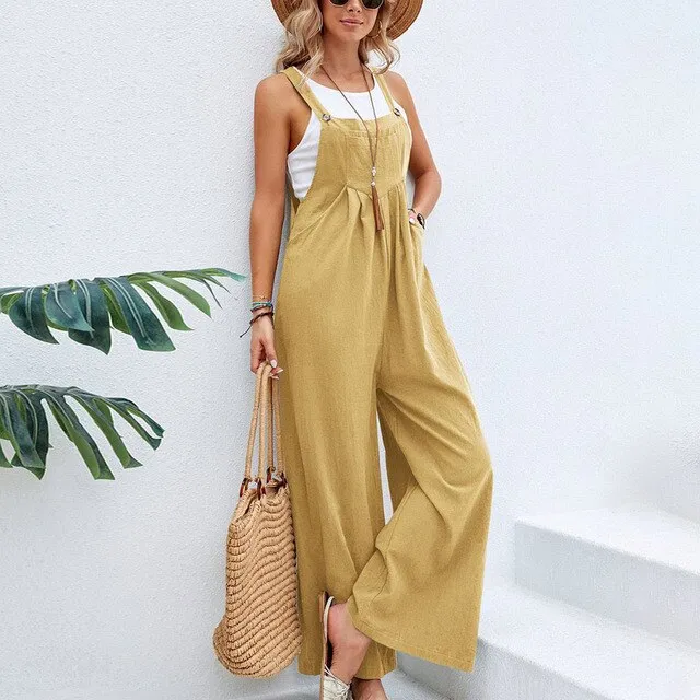 Multi-Color Retro Casual Rompers for Women – Cotton Suspender Jumpsuit, Wide Leg Pants, Pockets, Loose Fit, Summer