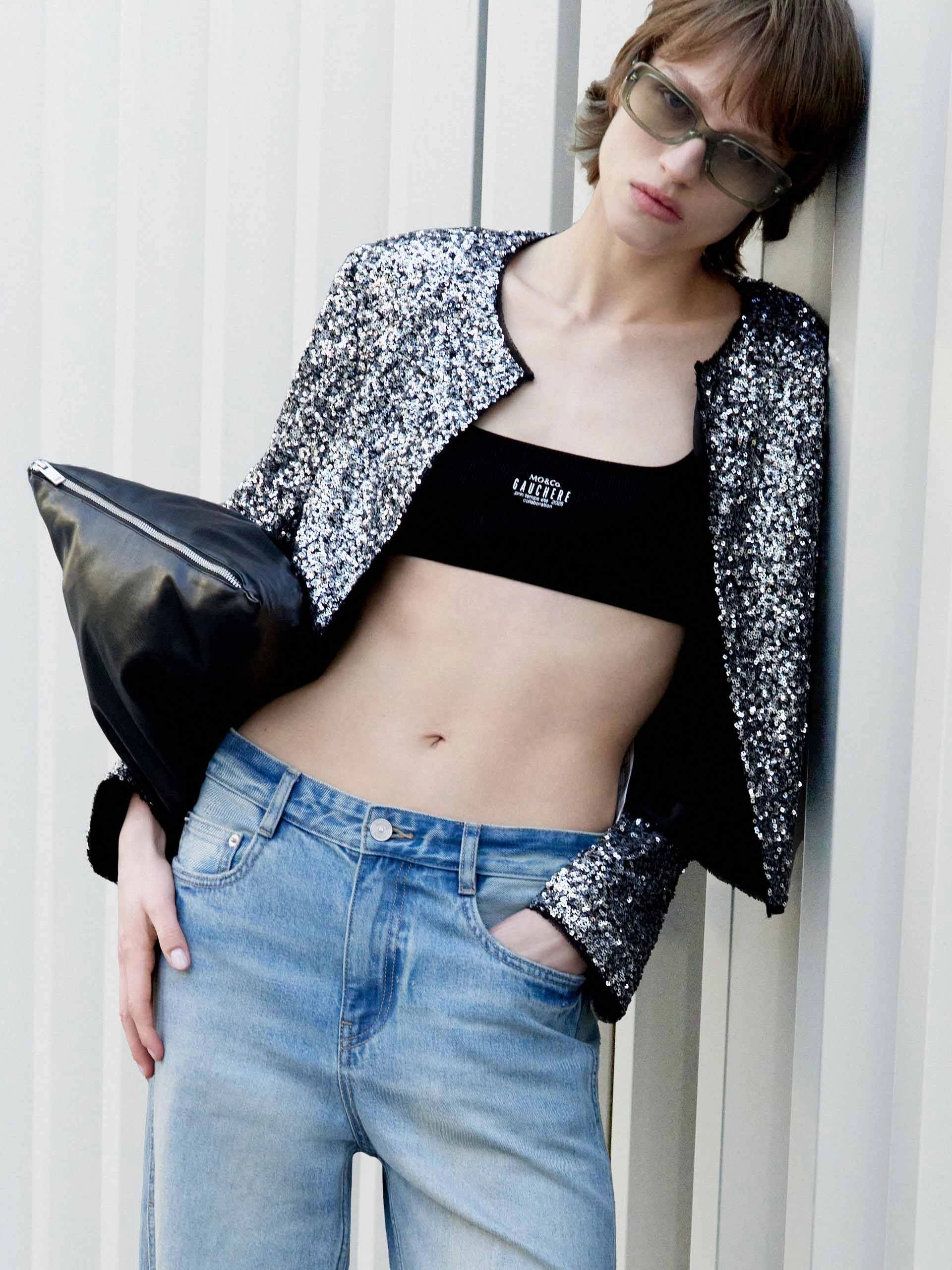 Cropped Sequin Coat Temperature Regulating Fabric Evening Chill Piece