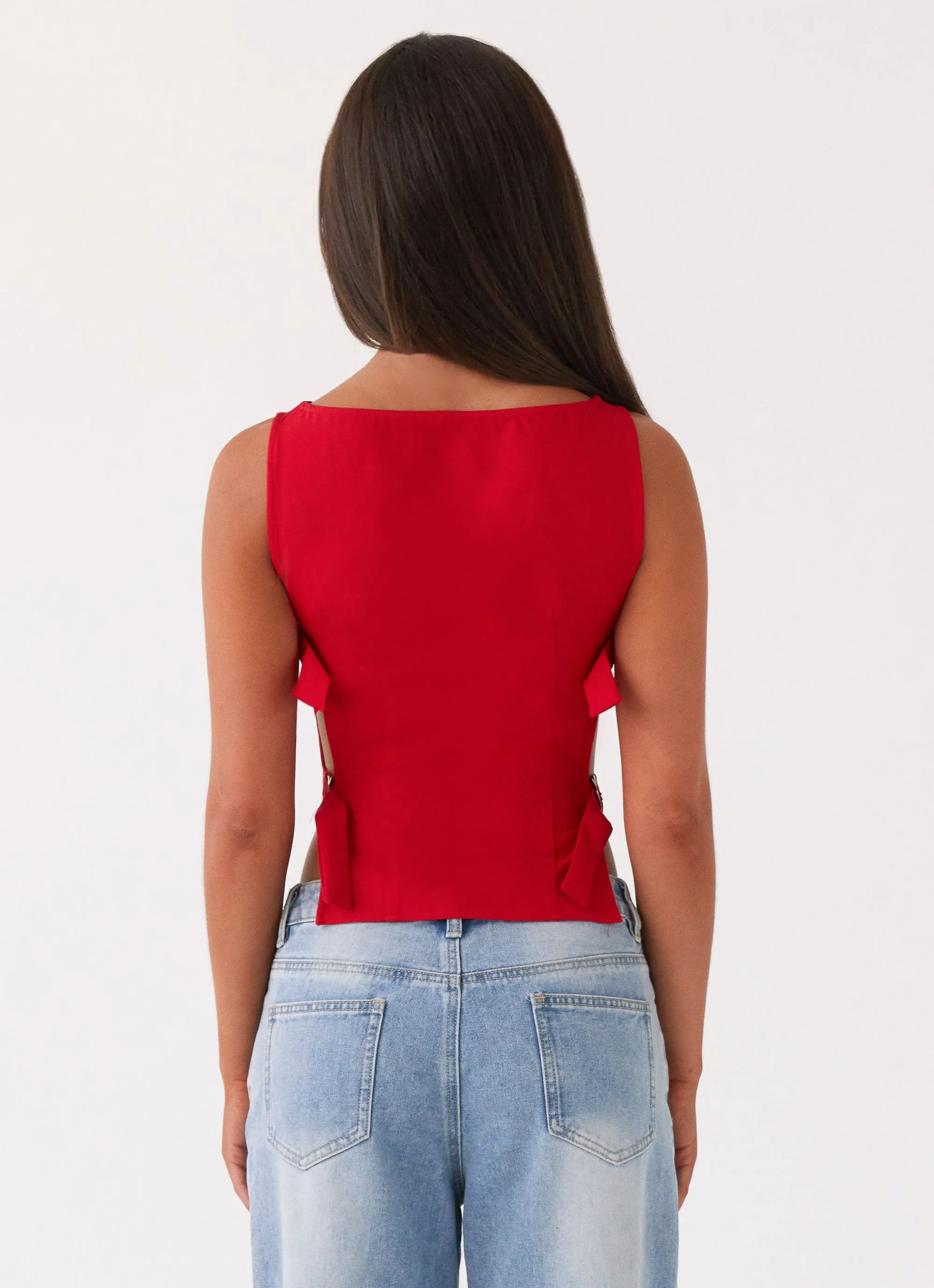 Cherish You Buckle Top - Red SubtleTexture Stretchable Waistband